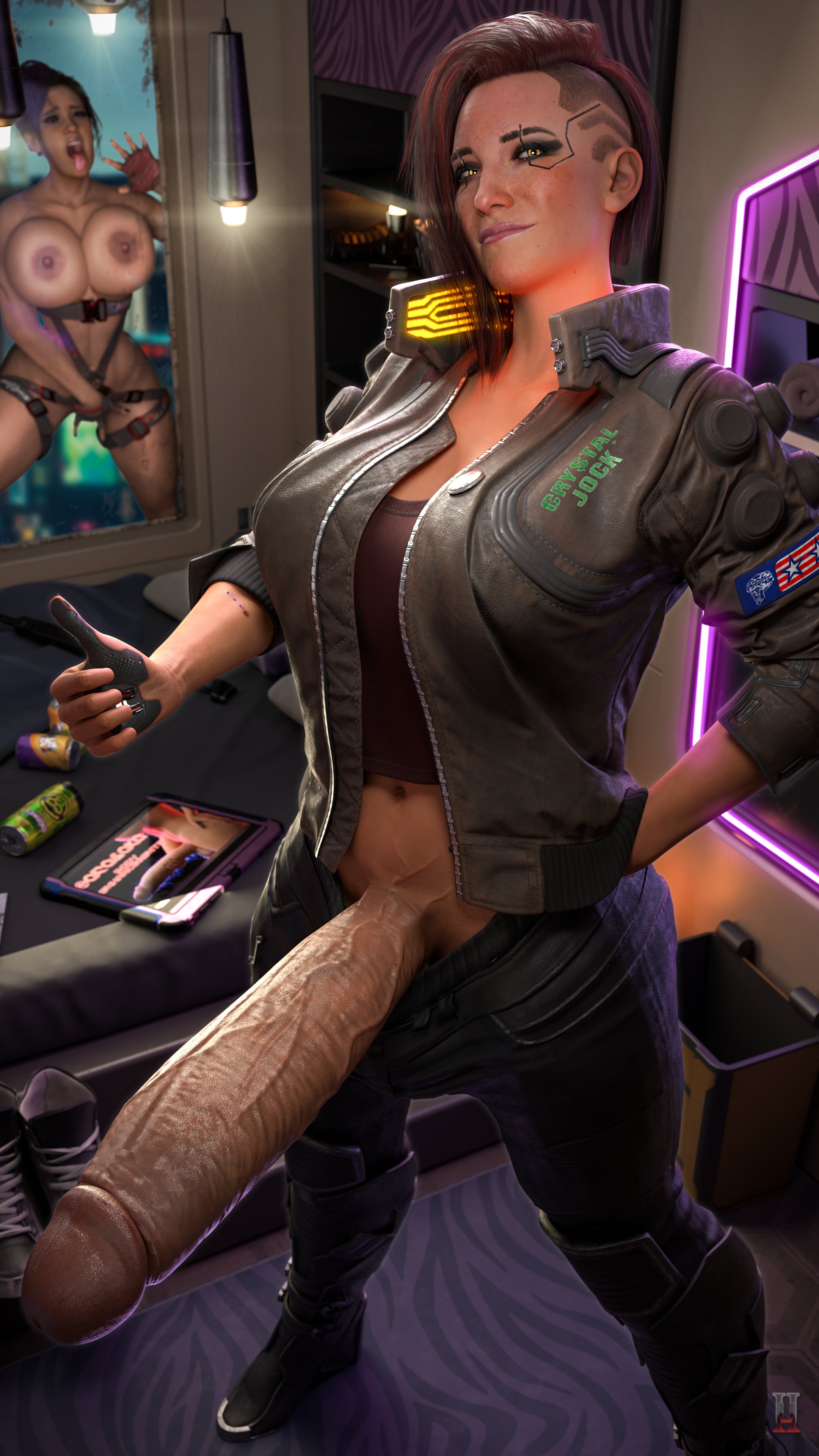 1futa, 1girls, 3d, 3d (artwork), big breasts, breasts, circumcised, clothing, cock hungry, cyberpunk 2077, erection, female, futanari, gigantic penis, huge breasts, huge cock, human, intersex, large penis, masturbation, nude, nude female, penis, penis awe, penis out, unnero1, v (cyberpunk 2077), valerie (cyberpunk 2077)