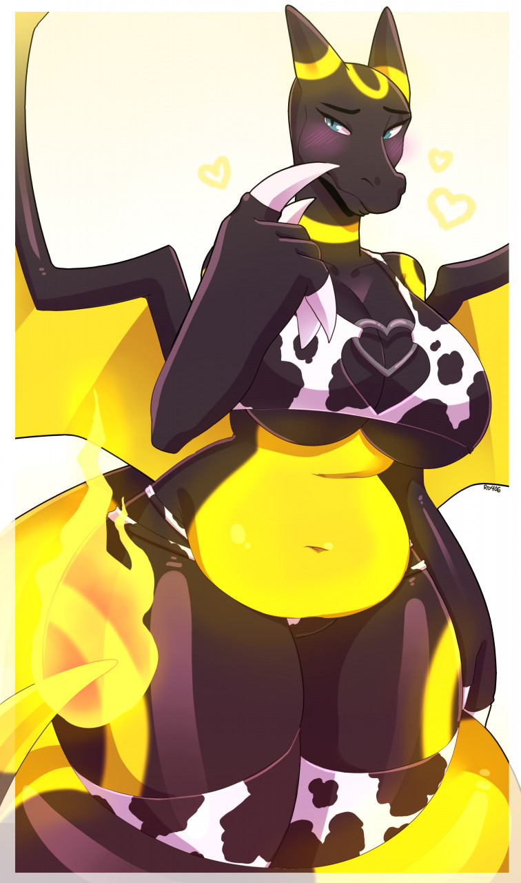 2d black_body blush breasts charizard cleavage cow_print dragon dragon_girl female female_focus female_only fusion heart horns hybrid large_breasts nintendo pokémon_(species) pokemon pokemon_(species) rd406 tail thighhighs umbreon white_background wings