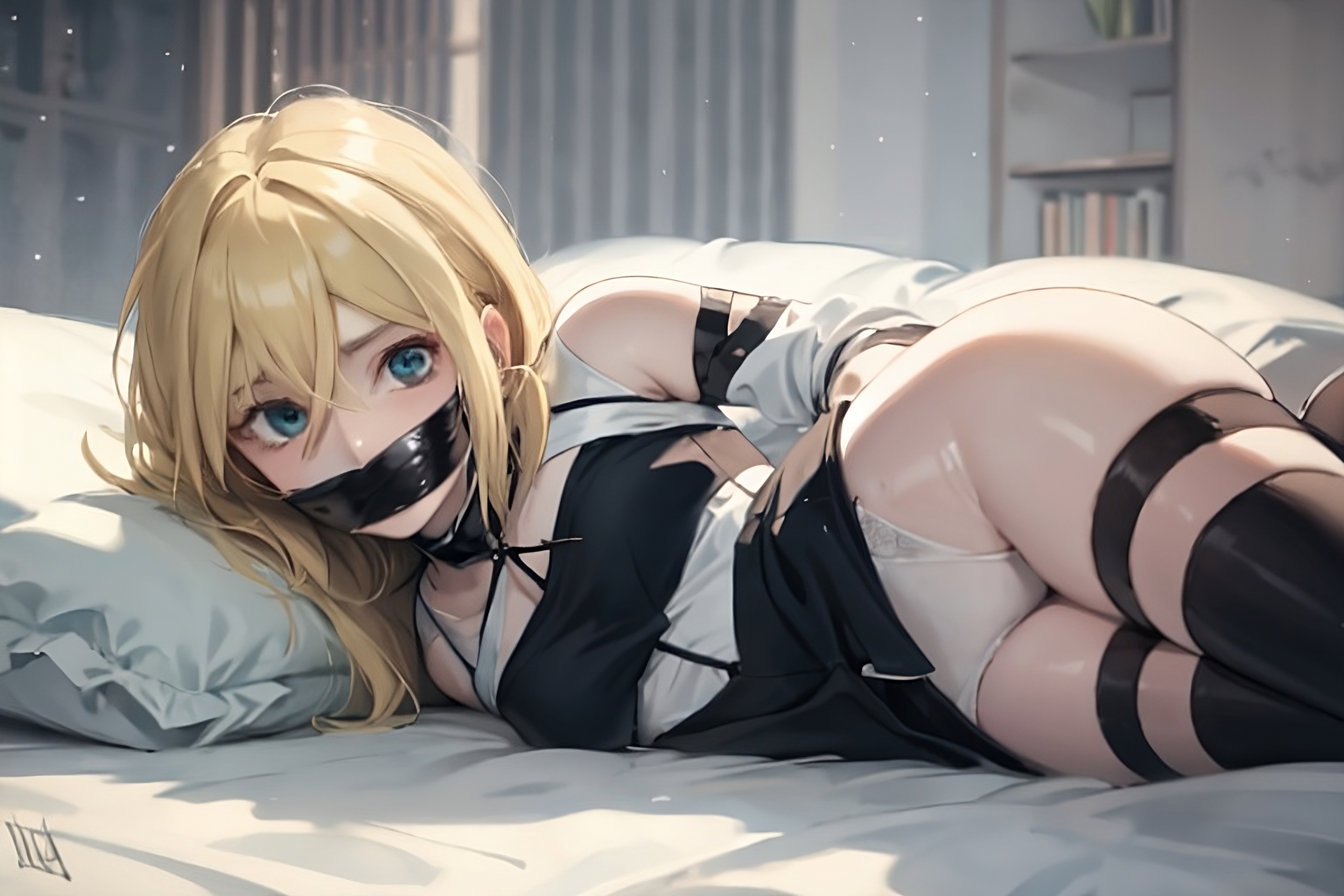 1girls, about to be raped, ai generated, arms behind back, arms tied, attack on titan, belly button, black legwear, blonde hair, blue eyes, bondage, breasts, collar, embarrassed, fear, female, female only, gag, historia reiss, laying on bed, laying on side, looking at viewer, medium breasts, nipples, panties, pixai, scared, seductive, seductive look, solo, tape, tape gag, taped mouth, white panties