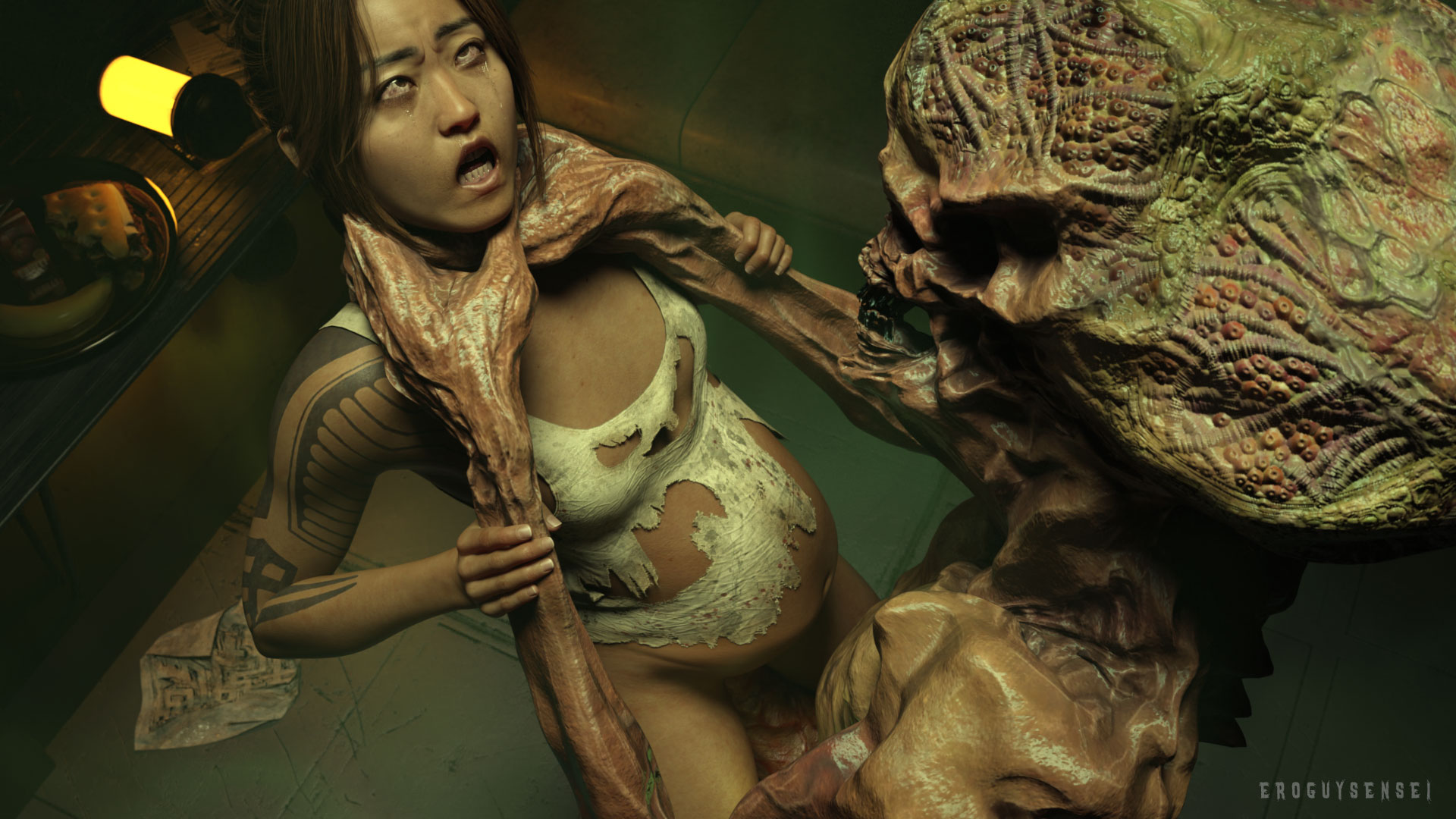 1boy, 1girls, 3d, asian, asian female, black hair, cross-eyed, crossed eyes, dani nakamura, eroguysensei, female, female focus, karen fukuhara, long hair, male, monster, pregnant, rape, restrained, sex, tagme, tattoo, the callisto protocol