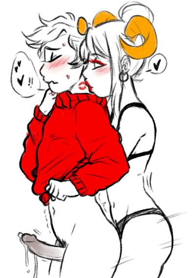 1boy1girl closed_eyes damara_megido earrings femdom gummypron hands_under_clothes holding_clothing homestuck kankri_vantas kiss_mark ms_paint_adventures pegging pegging_male pubic_hair red_lipstick red_sweater strap-on whimper