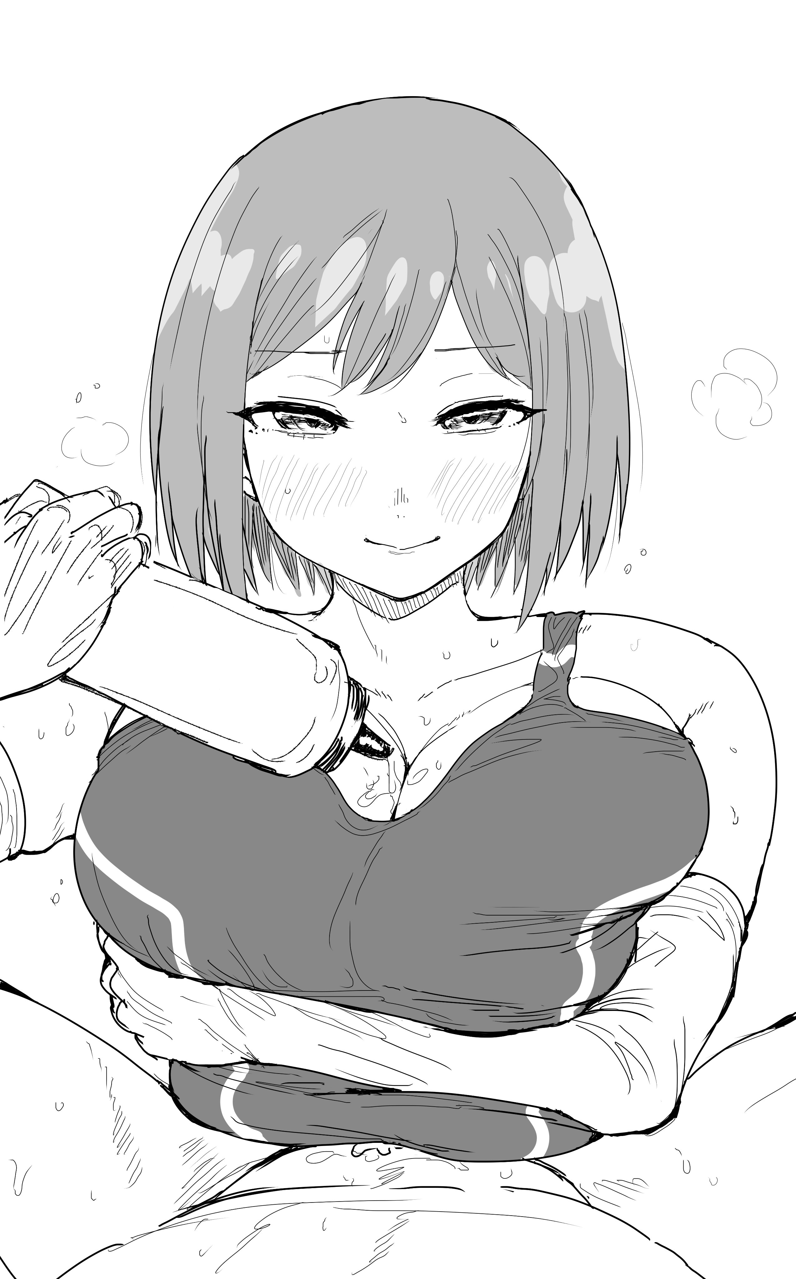 1boy, 1girls, alternate breast size, asian, asian female, big breasts, blush, breast hold, breasts, cleavage, engulfing paizuri, female, gigantic breasts, happy, happy paizuri, happy sex, huge breasts, kaiman garupan, large breasts, looking at viewer, male, monochrome, nijisanji, paizuri, paizuri hug, paizuri lead by female, paizuri on lap, paizuri under clothes, pov, pov eye contact, pov paizuri, shizuka rin, short hair, smile, straight, sweat, virtual youtuber