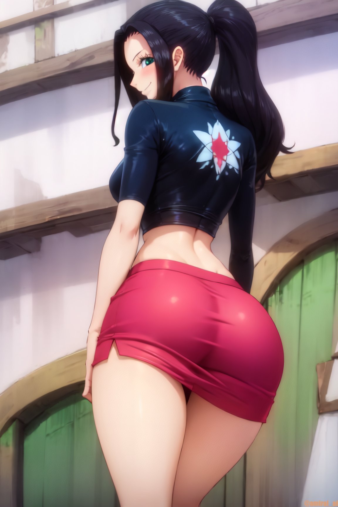 1girls, ai generated, amiral ai, ass, black hair, blue eyes, breasts, female, female only, hand on hip, huge ass, large breasts, light skin, light-skinned female, long hair, nico robin, one piece, post-timeskip, skirt, slim waist, thick thighs