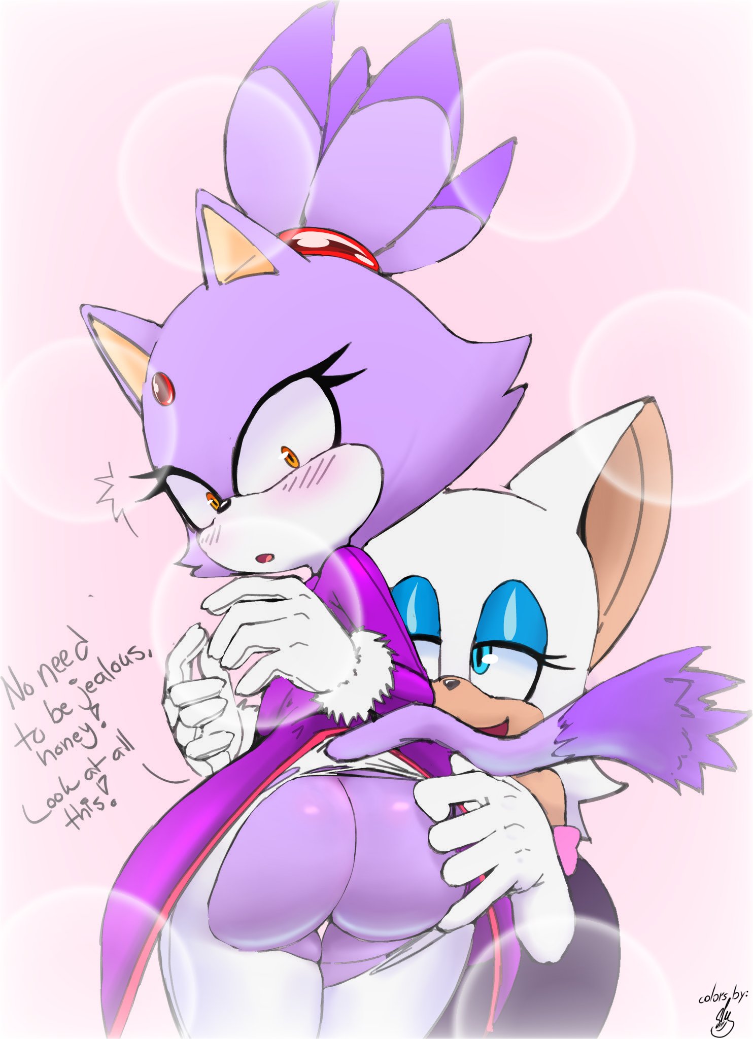 2girls, anthro, ass, bat, big ass, big butt, blaze the cat, blush, delicioussoup, domestic cat, duo, edit, felid, feline, felis, female, female only, hi res, mammal, mobian, mobian (species), mobian bat, mobian cat, multiple females, multiple girls, rouge the bat, sega, sonic (series), sonic the hedgehog (series), yuri