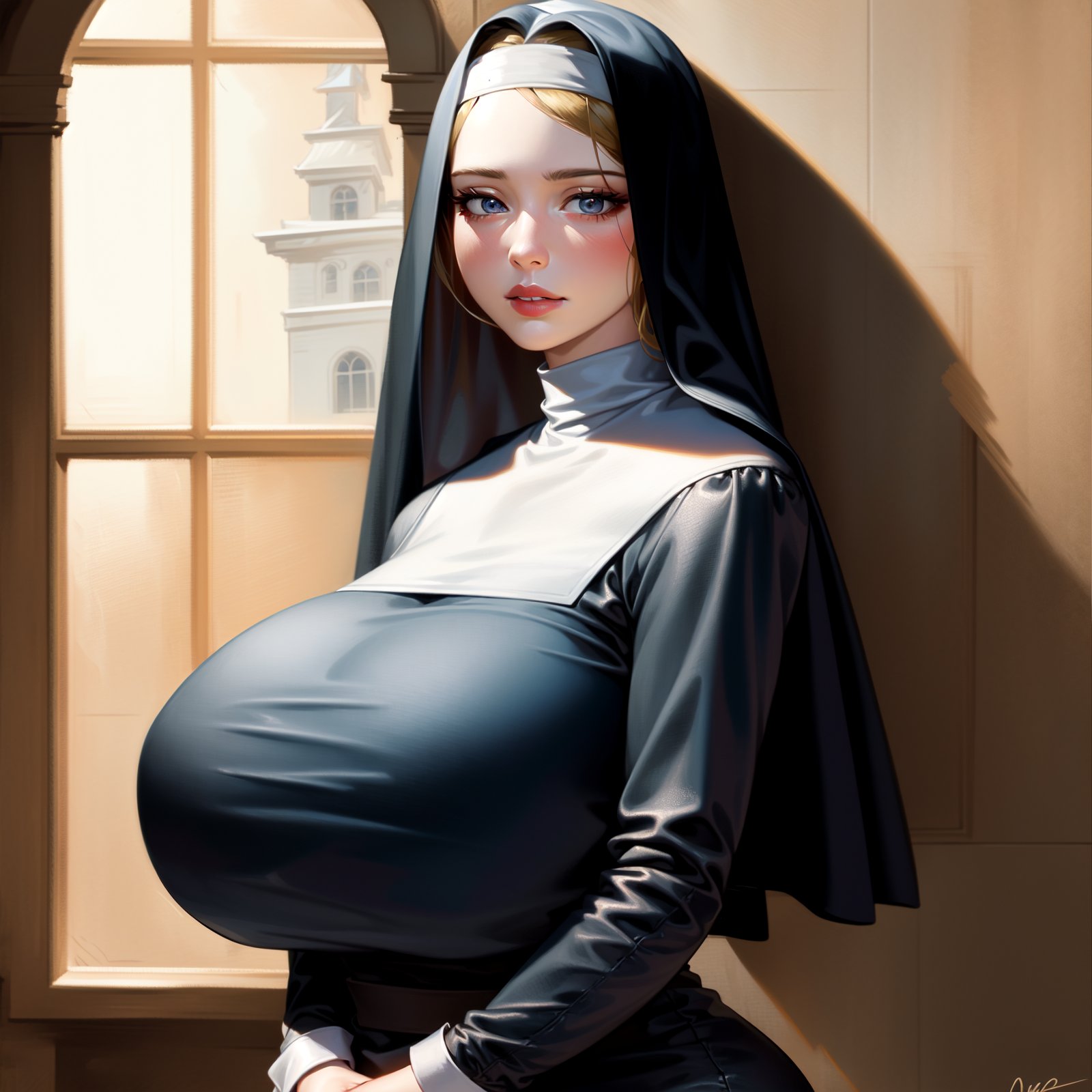 1girls, ai generated, curvaceous, curvy body, curvy female, curvy figure, female, female focus, female only, highres, latex suit, nun, nun outfit, seductive look, skin tight, stable diffusion, voluptuous, voluptuous female
