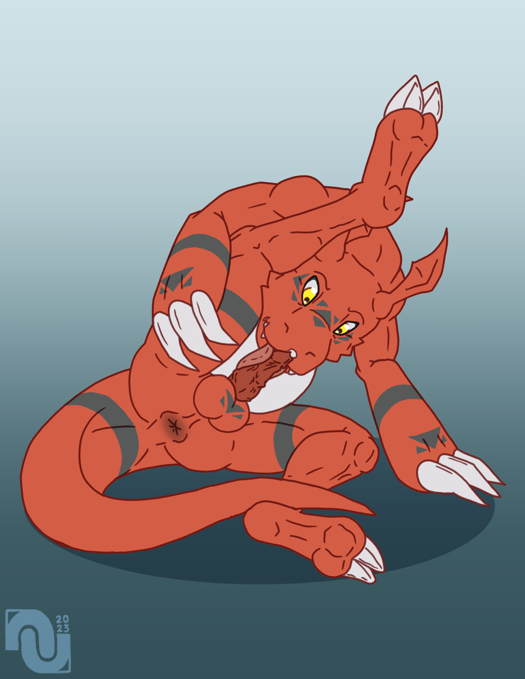 2023 2_toes anthro anus ass auto_penis_lick autofellatio balls bandai_namco bodily_fluids claws digimon digimon_(species) digital_media_(artwork) feet genital_fluids genitals guilmon head_wings hi_res licking long_tail male male_only markings masturbation nenana-uso oral oral_masturbation penile penile_masturbation penis penis_lick precum reptile scalie self_lick sex sharp_teeth signature smile solo tail teeth toe_claws toes tongue tongue_out white_claws wings yellow_eyes