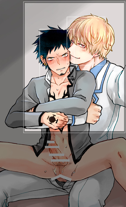 2boys anal anal_sex bar_censor black_hair blonde_hair blush bottomless censor_bar censored censored_anus censored_genitalia censored_penis chest_tattoo donquixote_rosinante embarrassed erection facial_hair gakuran gay goatee hugging_from_behind looking_at_viewer male male_only natsumegi one_piece open_jacket penis photo red_eyes school_uniform selfie sitting sitting_on_lap sitting_on_person smile spread_legs suit sweat tattoo tattoos teacher_and_student trafalgar_law yaoi