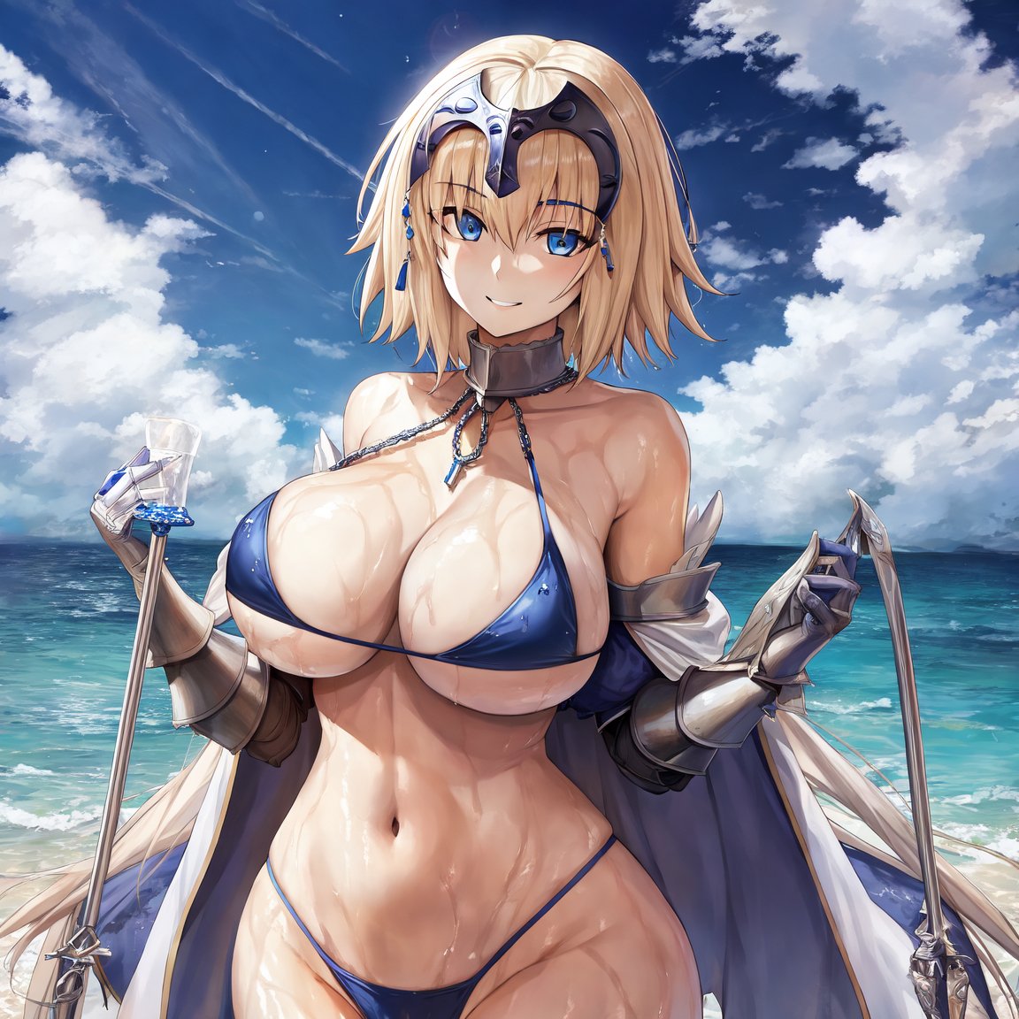 1girls, ai generated, armored gloves, beach, blonde hair, blue eyes, blue swimsuit, breasts, cape, fate (series), fate/grand order, female, jeanne d'arc (fate), jeanne d'arc (fate) (all), light skin, smiling, swimsuit, wide hips