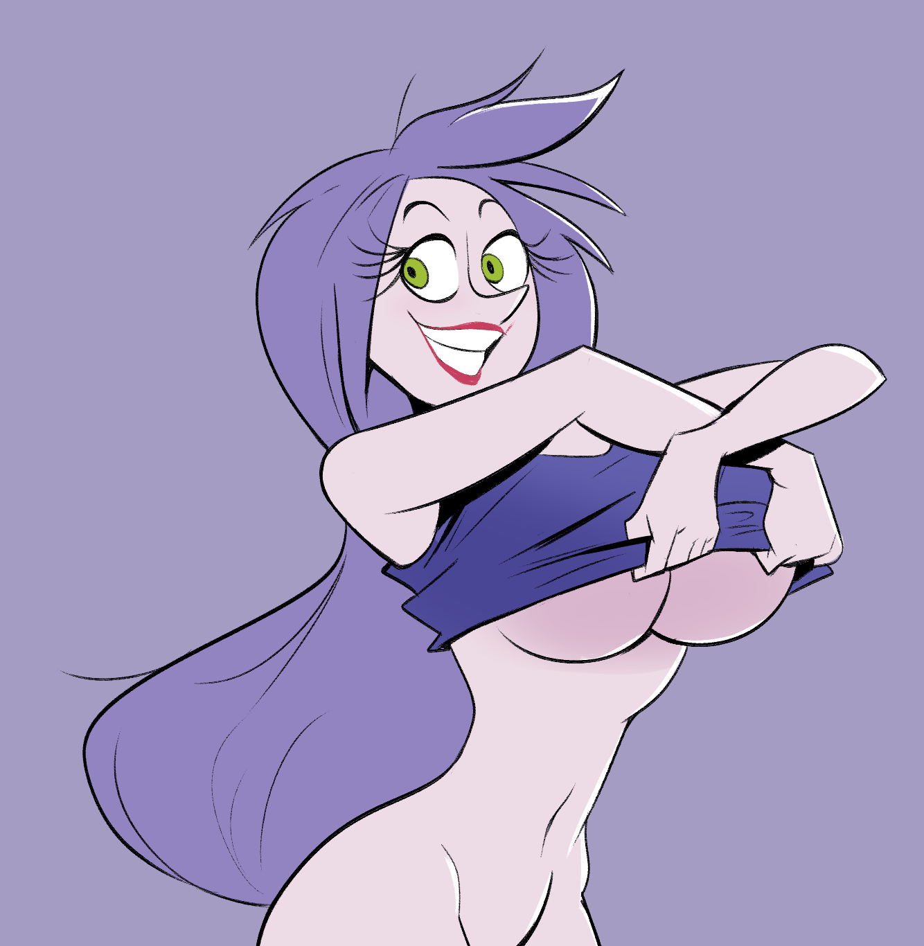 1girls, bottomless, breasts, disney, disney villains, female, female focus, female only, gilf, green eyes, herny, large breasts, lifting shirt, madam mim, mature female, smile, the sword in the stone, witch