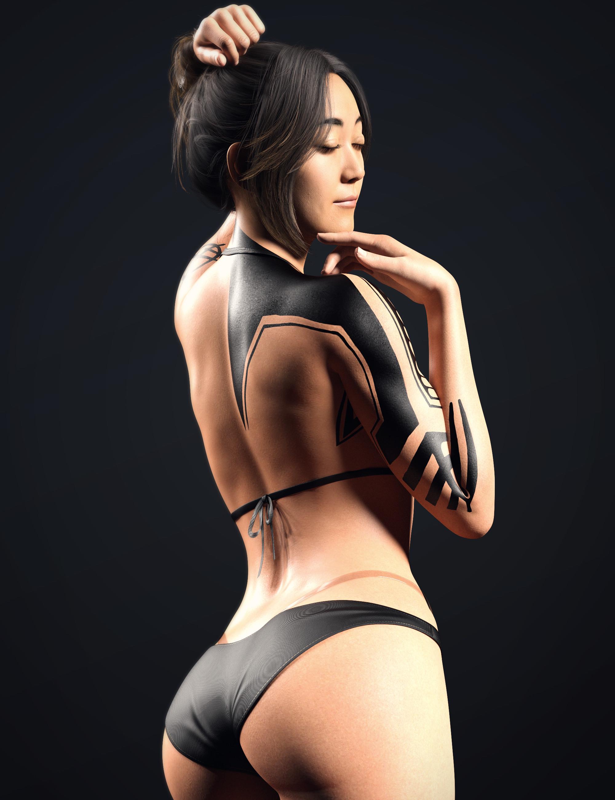 1girls, 3d, asian, asian female, athletic, athletic female, bikini, black hair, breasts, busty, dani nakamura, female, female focus, female only, fully clothed, hourglass figure, joshua clemons, karen fukuhara, long hair, pinup, pinup pose, pose, posing, revealing clothes, solo, standing, swimsuit, tagme, tattoo, the callisto protocol, wide hips
