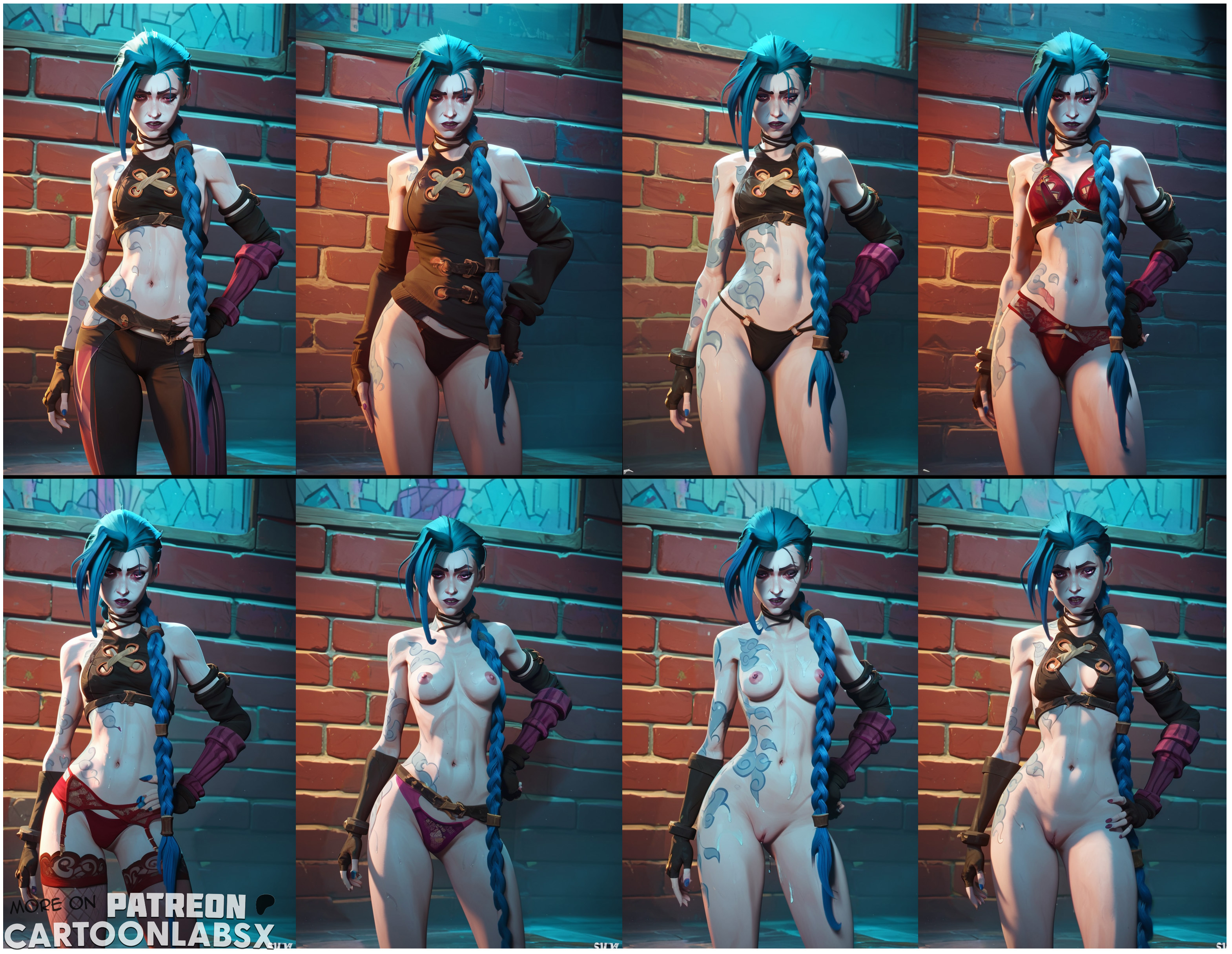 3d, abs, ai generated, arcane, arcane jinx, before and after, blue hair, braid, breasts, cartoon, cartoonlabsx, clothing, cum, female, female abs, jinx (league of legends), league of legends, lingerie, lingerie bra, lingerie only, lingerie panties, medium breasts, naked, naked female, nude, nude female, petite, petite body, petite female, photo, photoshoot, posing, posing for picture, posing for the viewer, posing nude, pussy, simple background, slider, slider (control), standing, tagme, uncensored
