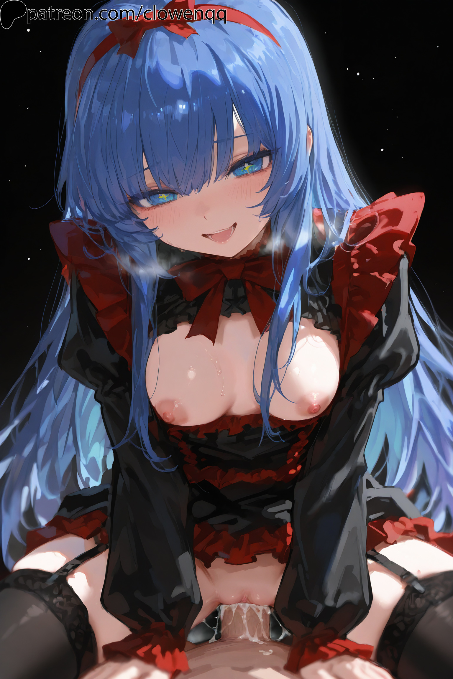 1boy, 1girls, ai generated, areola, areolae, bangs, black legwear, black souls, black souls 2, blue eyes, blue hair, blush, bow, breasts, clowenqq, cowgirl position, cum, cum in pussy, cum inside, dress, exposed breasts, female, female focus, frills, garter straps, heavy breathing, legwear, long hair, looking down, mabel (black souls), male, male penetrating, male penetrating female, male/female, nipples, open mouth, penetration, penis, penis in pussy, pussy, sex, symbol-shaped pupils, thick thighs, thighhighs, thighs, uncensored, vaginal penetration, vaginal sex