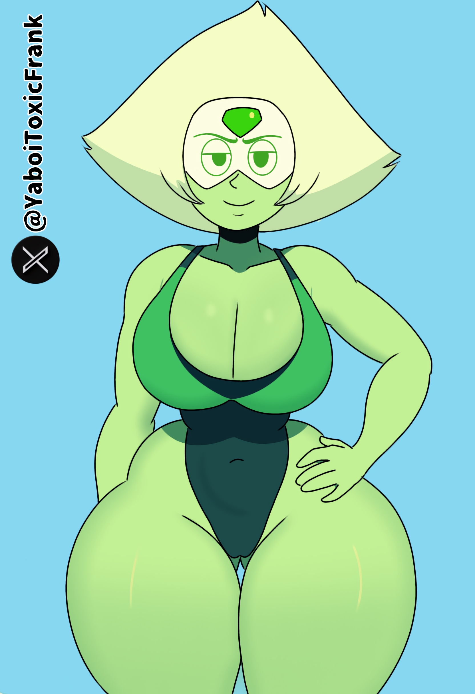 ass, breasts, cartoon network, female, gem (species), green eyes, green skin, hand on hip, huge breasts, looking at viewer, peridot (steven universe), self upload, steven universe, thick, thick ass, thick thighs, yaboitoxicfrank