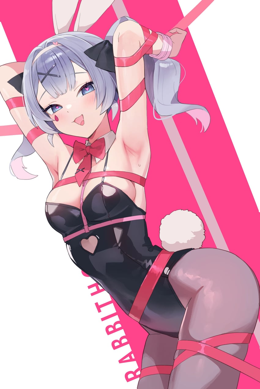 1girl, 1girls, animal ears, armpits, arms up, bangs, bdsm, black leotard, blue eyes, blush, bound, bow, bowtie, breasts, detached collar, fake animal ears, female, grey hair, hair ornament, hatsune miku, heart, heart eyes, heart-shaped pupils, leotard, long hair, looking at viewer, medium breasts, open mouth, pantyhose, playboy bunny, rabbit ears, rabbit hole (vocaloid), rabbit tail, ribbon, smile, solo, symbol-shaped pupils, tail, twintails, virtual youtuber, vocaloid, x hair ornament