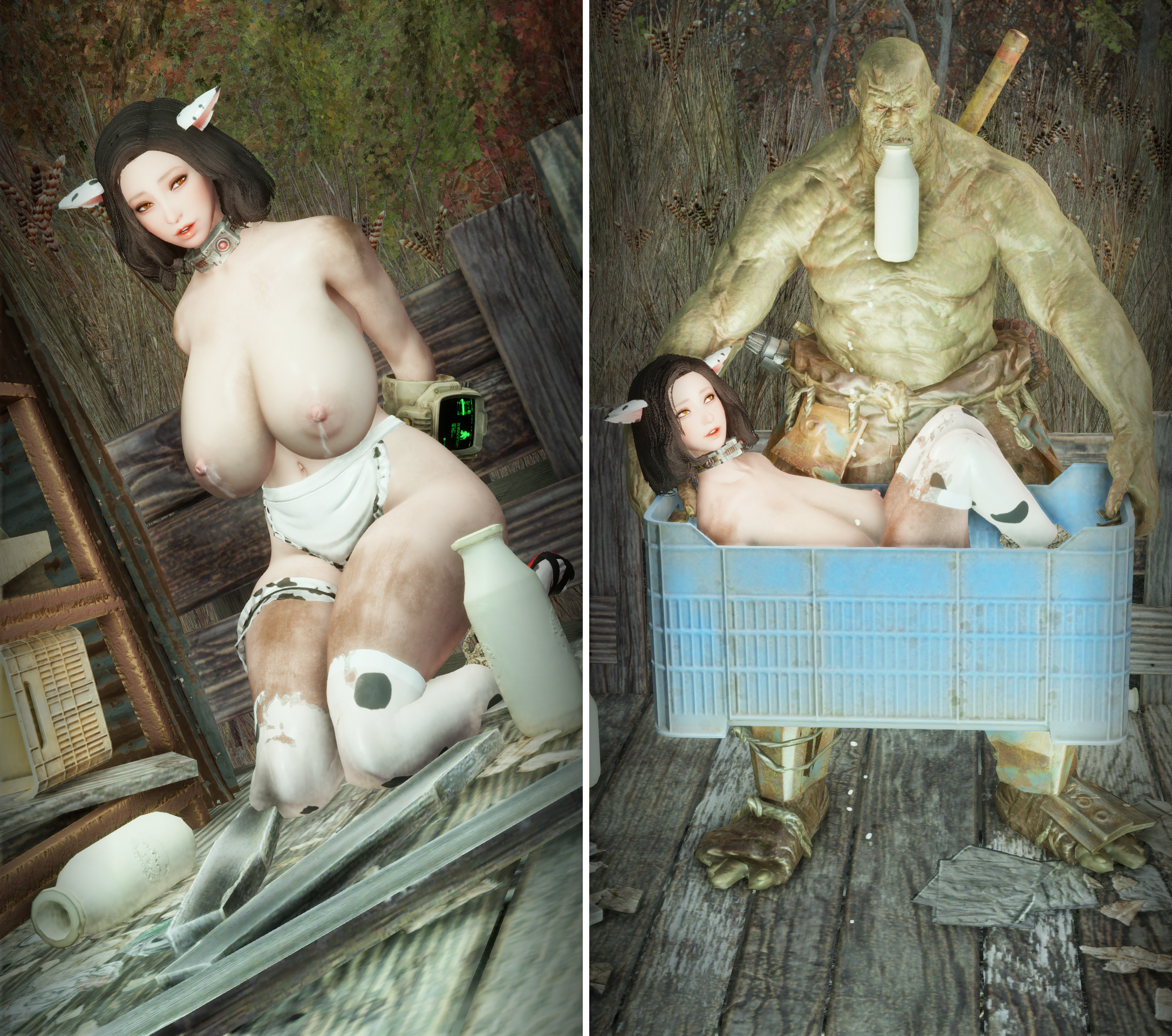 3d, bethesda softworks, blindfolded female, cow print, cow print thighhighs, emotrashcan, fallout, fallout 4, female, game screenshot, milk leaking, monster, no artist signature, no source, strong (fallout), super mutant, vault dweller