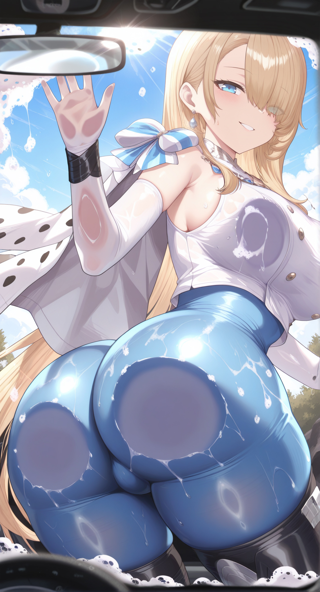 ai generated, ass on glass, bodysuit, breasts, brown dust (series), brown dust 2, car wash, female, homura aiart, horny female, wetlook, wilhelmina (brown dust)