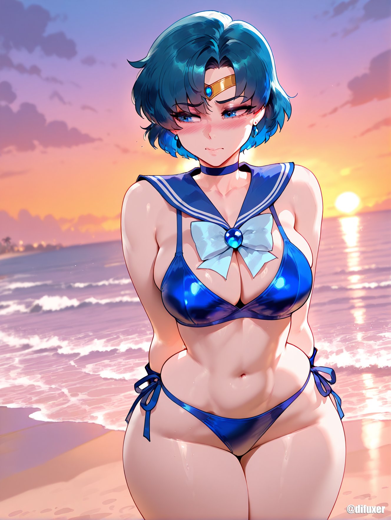 1girls, ai generated, ami mizuno, beach, bikini, bishoujo senshi sailor moon, blue eyes, blue hair, blush, breasts, difuxer, female, female focus, female only, hands behind back, huge breasts, large breasts, light skin, light-skinned female, looking away, navel, night, sailor collar, sailor mercury, side-tie bikini, solo, thick thighs, thighs, wide hips