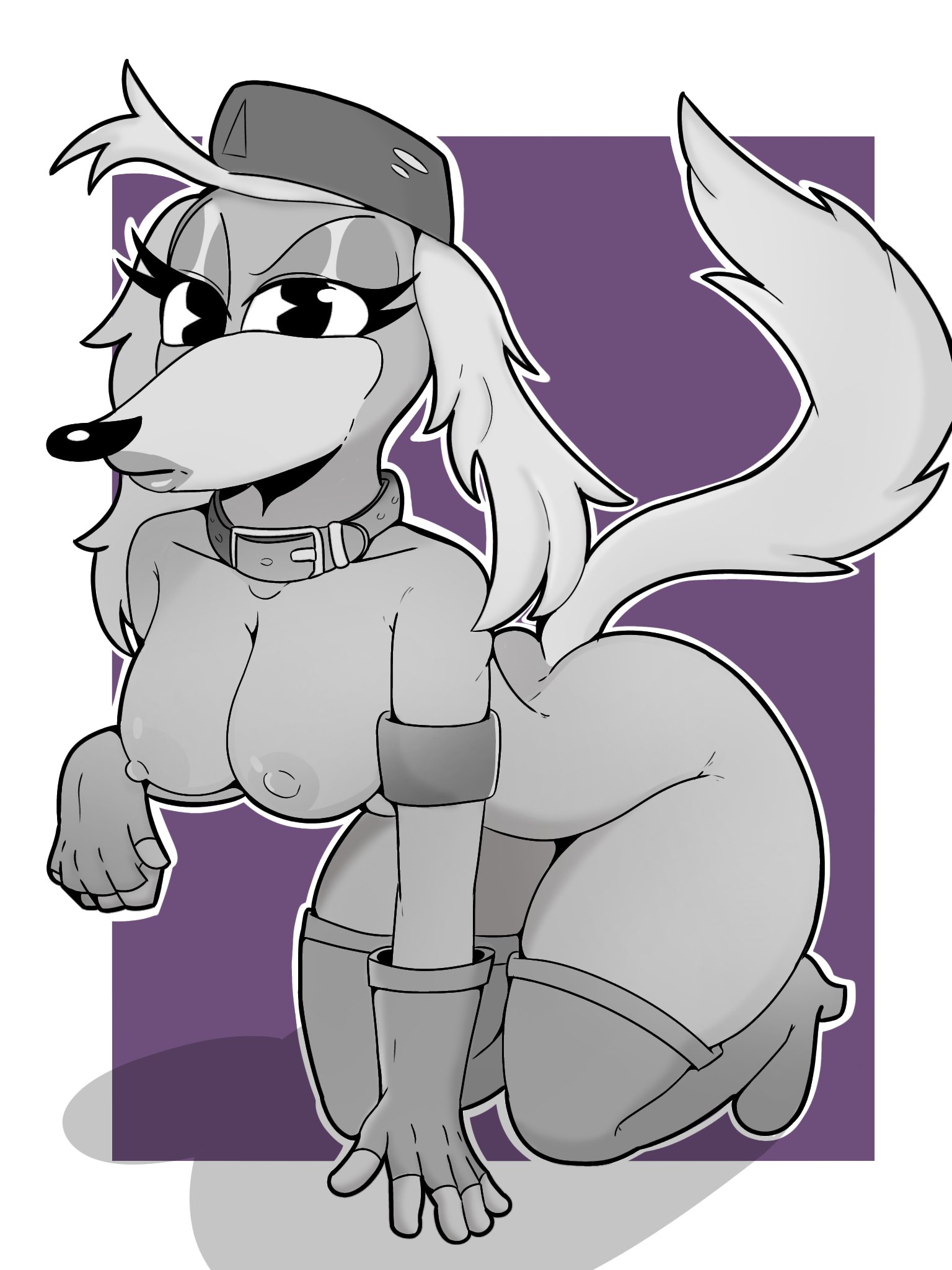 1danielscott, big breasts, big nipples, big thighs, big titties, black and white, breasts, canine, canis, cuphead, cuphead (game), cuphead: the delicious last course, female, female focus, female only, furry, furry female, furry only, long hair, looking at viewer, monochrome, nipples, nude, pilot saluki (cuphead), sergeant o'fera