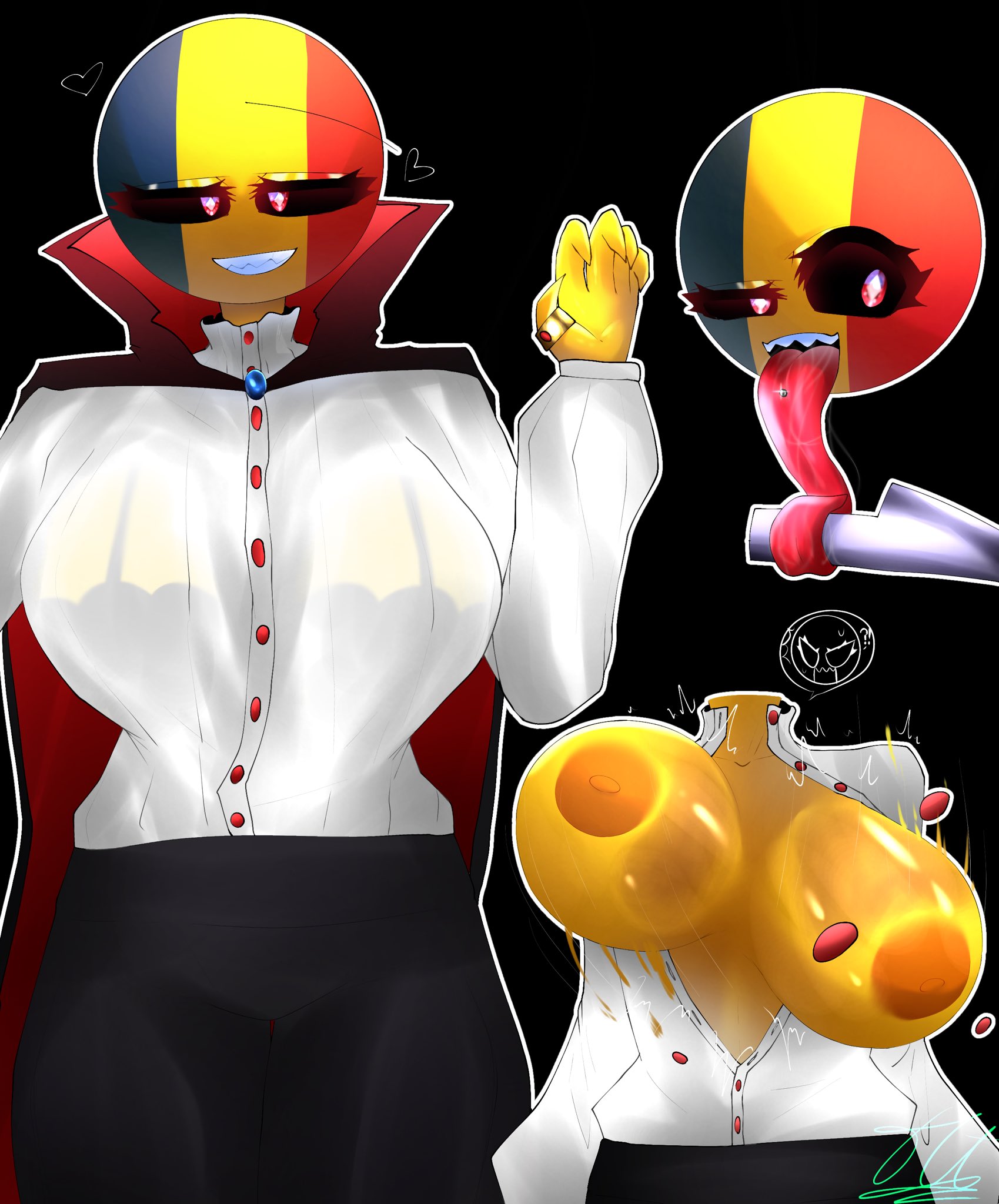 1girls, 44waa29304, big breasts, black eyes, breasts, cape, cloak, countryhumans, countryhumans girl, destroyed clothing, female, female focus, female only, knife, long tongue, red iris, red irises, ring, romania, romania (countryhumans), romanian flag, sharp claws, sharp teeth, tounge out, unbuttoned shirt, vampire, vampire girl, yellow body