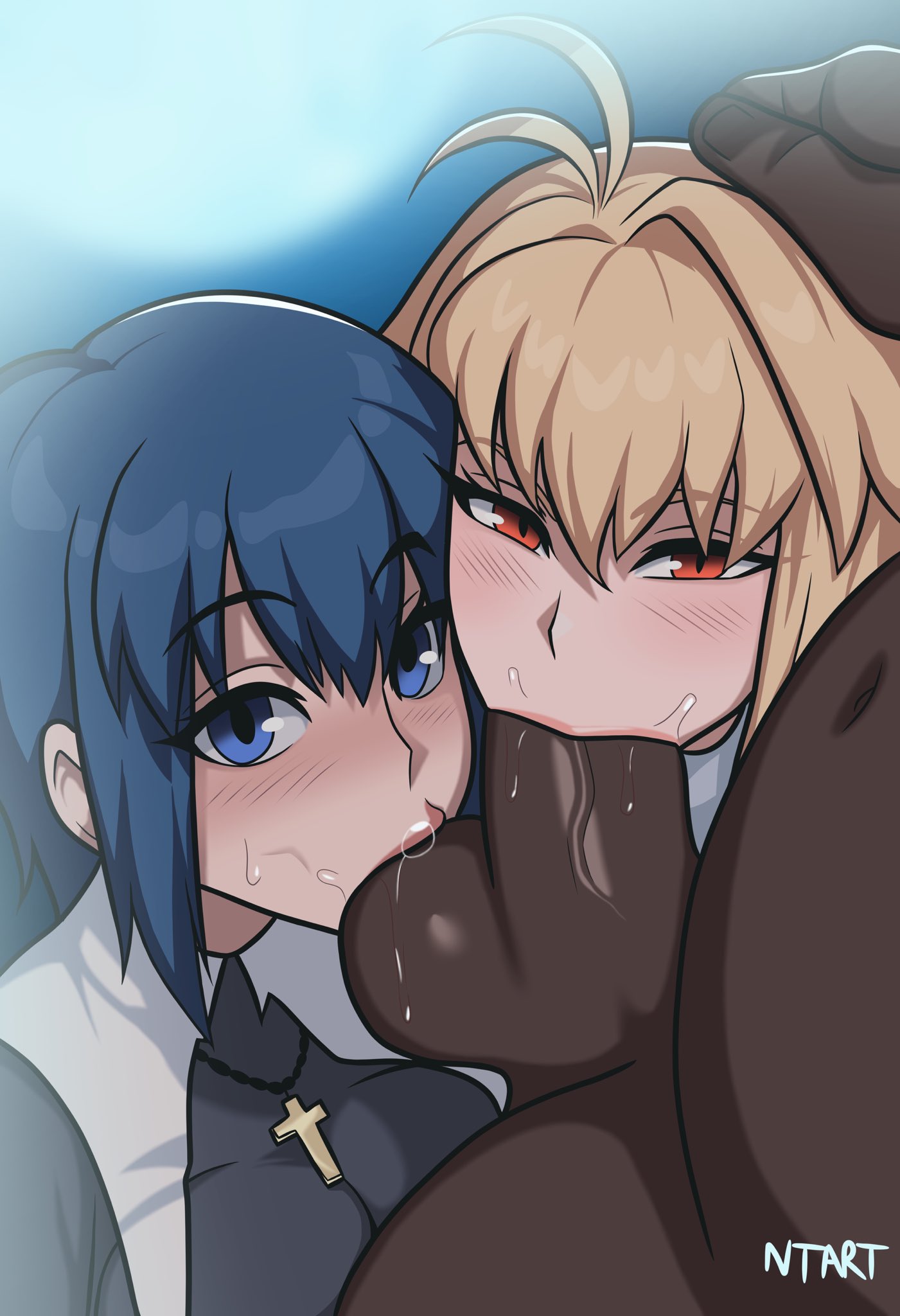 1boy 2girls :&gt;= ahoge anteater_face arcueid_brunestud aroused ball_worship big_cock blonde_hair blowjob blowjob_face blue_eyes blue_hair blush ciel_(tsukihime) cock collaborative_fellatio dark-skinned_male dark_skin fellatio female hand_on_head horny horny_female huge_balls huge_cock interracial large_cock looking_at_viewer male melty_blood naughty_taboos nun oral oral_sex penis penis_worship saliva saliva_on_penis short_hair tsukihime tsukihime_(remake) tunic vampire