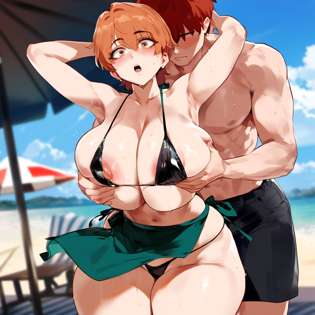 1girls, ai generated, areolae slip, bangs, bikini, black bikini, blurry, blurry background, blurry foreground, blush, breasts, cleavage, closed mouth, collarbone, curvy, day, depth of field, emiya shirou, eyebrows visible through hair, fate (series), fate/stay night, female, fourina, fujimura taiga, huge breasts, large breasts, looking at viewer, mature female, micro bikini, navel, orange eyes, orange hair, pool, short hair, smile, solo, sweat, swimsuit, taiga fujimura, wet