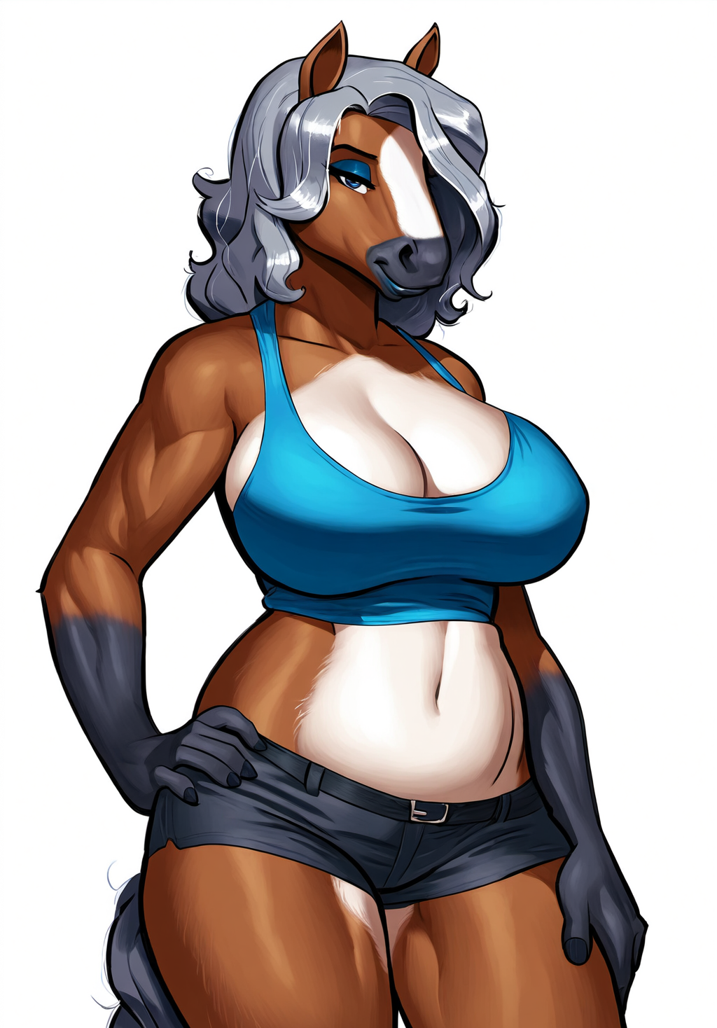 ai_generated anthro belly_button black_fur black_nose black_shorts blue_eyes blue_eyeshadow breasts breasts_bigger_than_head brown_fur cleavage clydesdale draft_horse exposed_shoulders eyebrows eyelashes eyeshadow furry furry_female furry_focus furry_only giant_breasts gilf grey_hair looking_at_viewer majorfluffy makeup mature_female medium_hair midriff sfw short_shorts shorts smile thick_thighs two-tone_body two-tone_fur white_fur