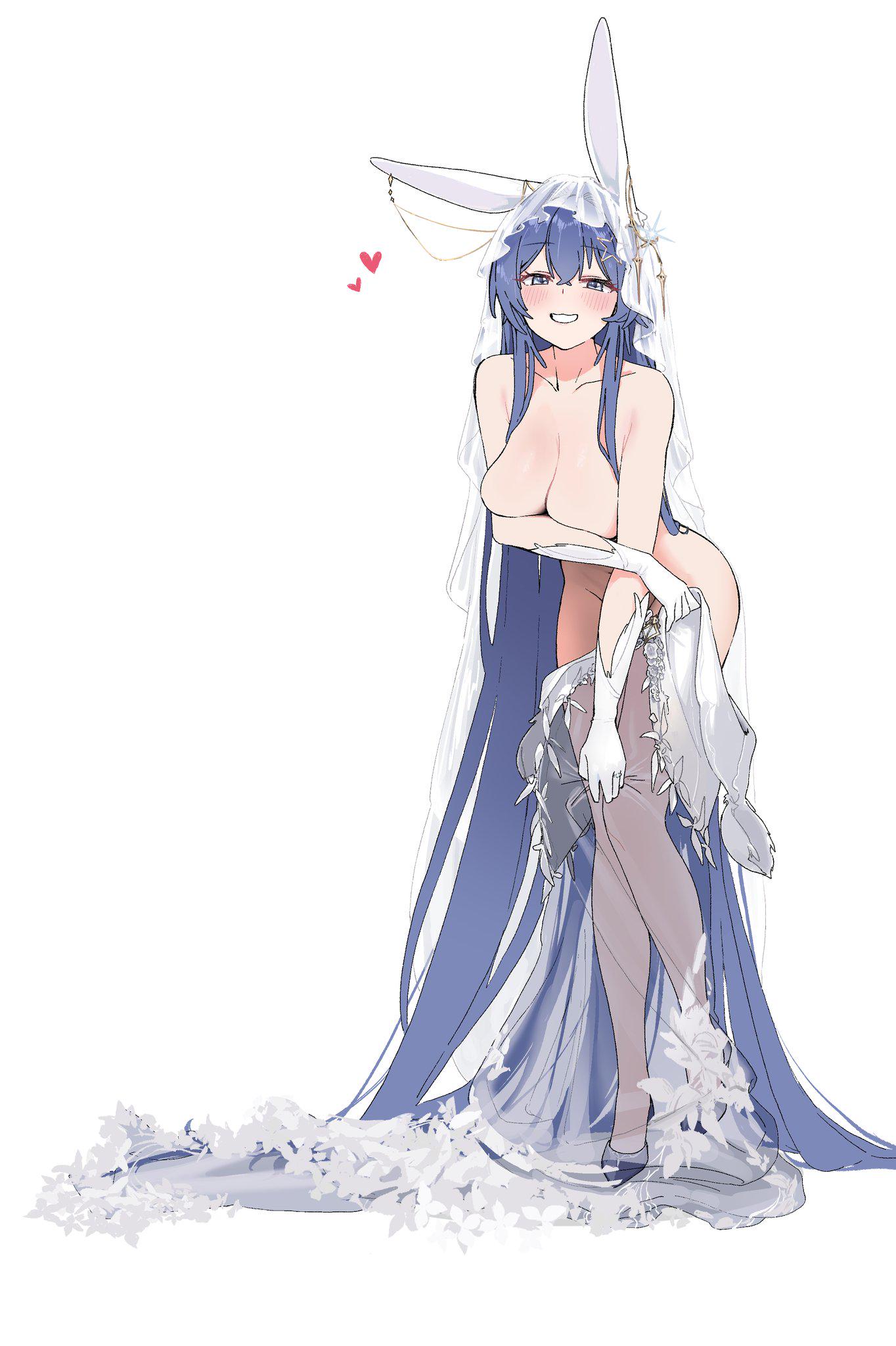 absurdly long hair, animal ears, azur lane, blue eyes, blue hair, blush, breasts, female, flower, full body, gloves, grin, heart, high heels, large breasts, long hair, looking at viewer, new jersey (azur lane), new jersey (snow-white ceremony) (azur lane), nude, rabbit ears, simple background, smile, solo, standing, tail, teeth, veil, very long hair, white background, white gloves