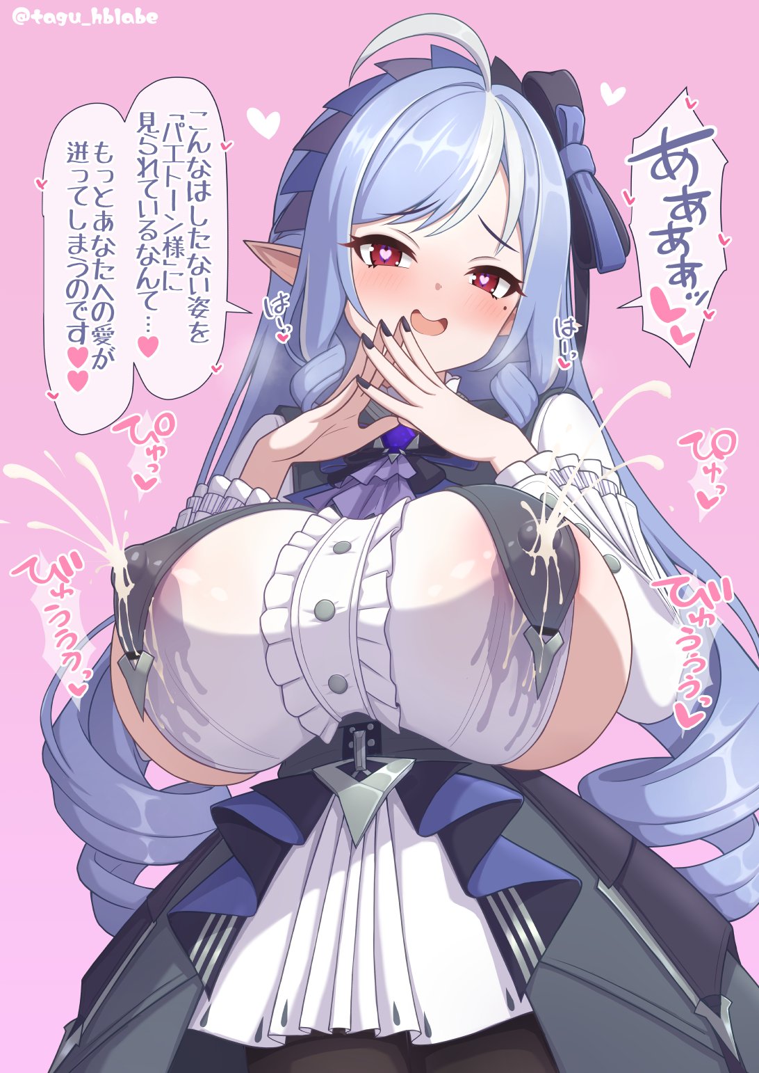 areola slip, areolae visible through clothing, big breasts, blue hair, breasts, breasts bigger than head, clothed, female, heart-shaped pupils, japanese text, lactation, lactation through clothes, milk, nipple bulge, sideboob, tagu hblabe, text, translated, vivian (zenless zone zero), vivian banshee, zenless zone zero