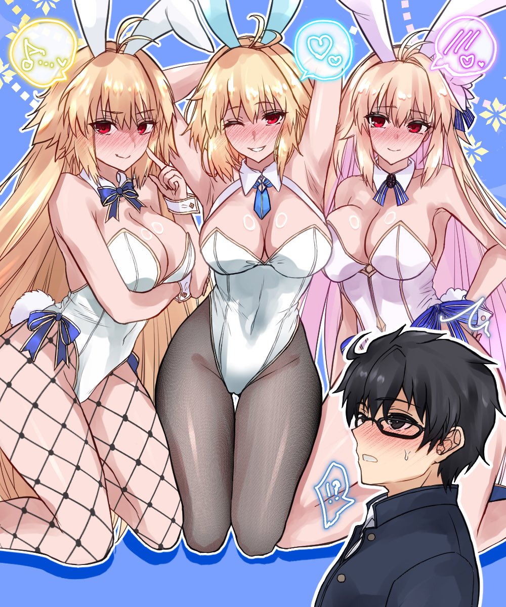 1boy, 3girls, archetype earth, archetype earth (third ascension), arcueid brunestud, arcueid brunestud (mooncancer), armpits, bare shoulders, big breasts, black hair, blonde hair, blush, breast focus, breasts, bunny ears, bunnysuit, cleavage, dual persona, fake animal ears, fate (series), fate/grand order, female, flower, flustered, glasses, hair flower, hair ornament, heart, highres, hips, large breasts, long hair, looking at viewer, male, multiple females, multiple girls, multiple persona, musical note, playboy bunny, red eyes, satou nui, seductive, short hair, smile, spoken heart, thighs, tohno shiki, triple persona, tsukihime, very long hair, wide hips