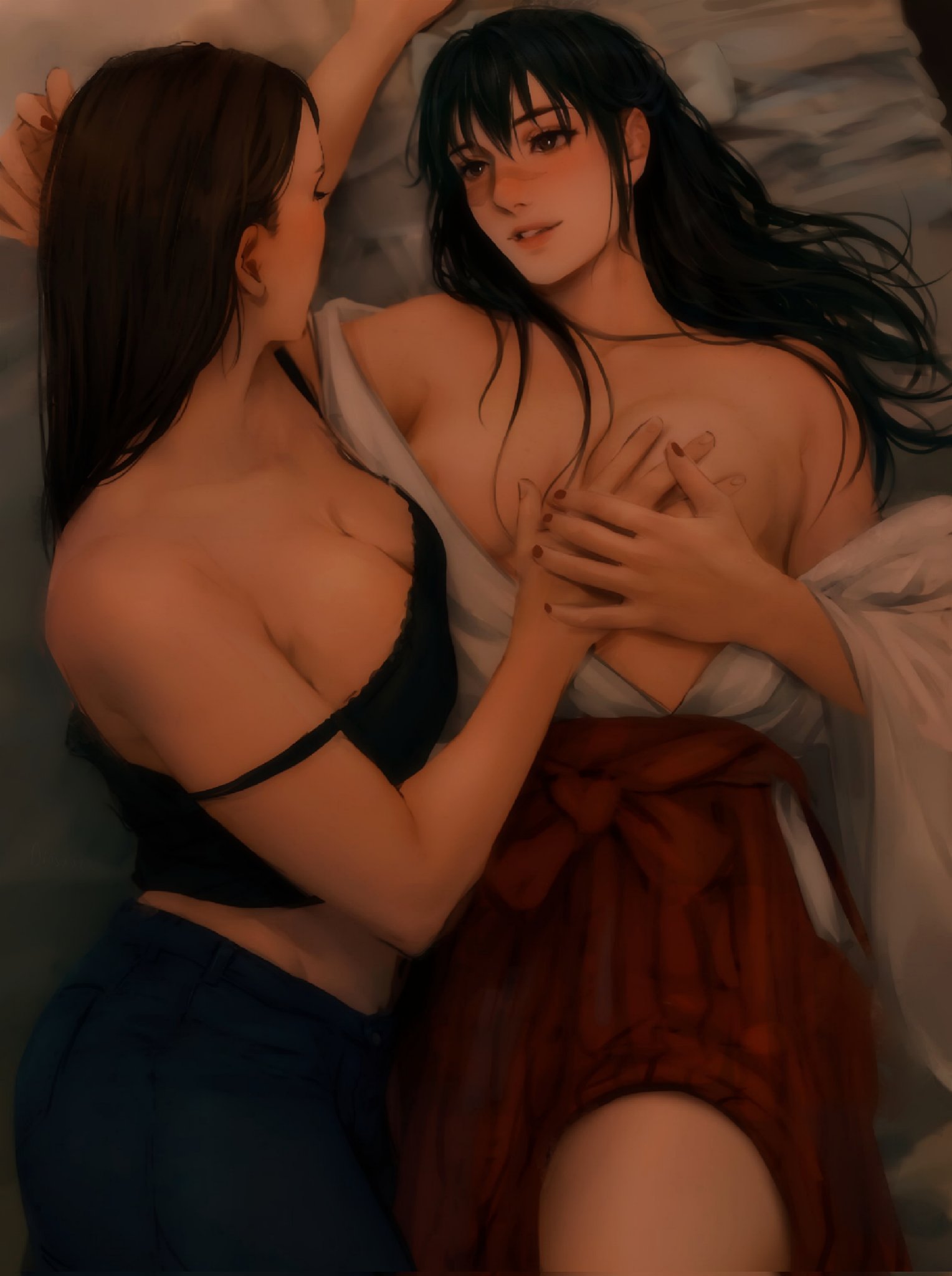 2girls, aerolae, black hair, black-haired female, blush, breasts, brown hair, brown-haired female, brunette hair, convenient censoring, convenient censorship, dio saurr, eye contact, fanon couple, female, female only, hand on breast, hi res, highres, jujutsu kaisen, lesbian, lesbian couple, lesbians, looking at another, looking at partner, on bed, shoko ieiri, tagme, utahime iori, wholesome, wholesome yuri, yuri