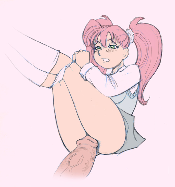 1boy, 1girls, alexandra (kamitora), circumcised, clothed sex, clothing, female, green eyes, imminent anal, imminent penetration, imminent sex, imminent vaginal, kamitora, male, miniskirt, panties, penis, pink hair, pussy, schoolgirl, skirt, tagme, twintails