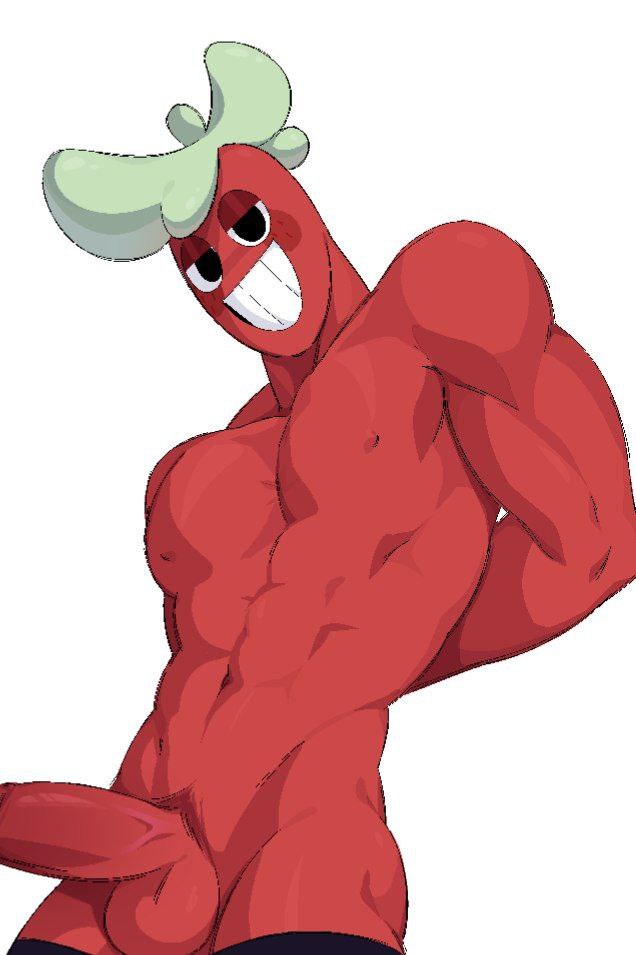 1boy, artist request, dandy's world, green hair, looking at viewer, male, male only, non-human, red body, red skin, smile, solo, sprout (dandy's world)