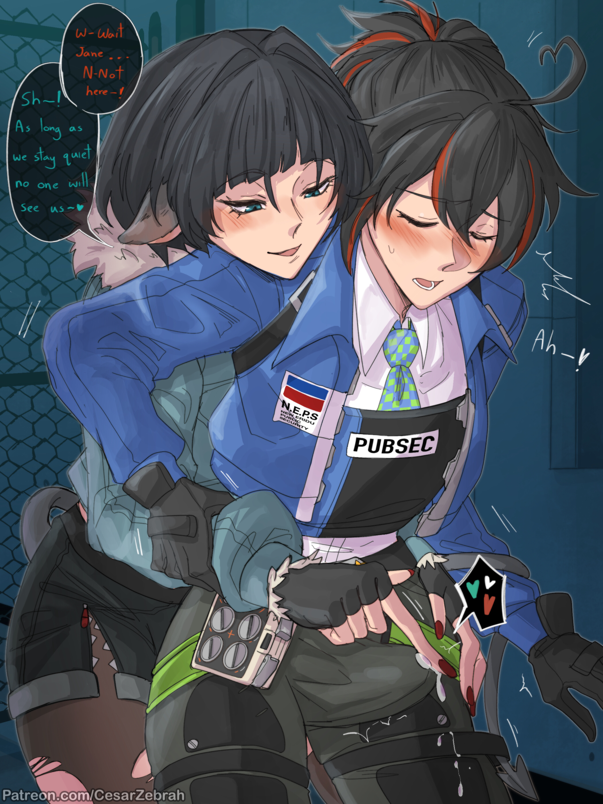 1futa, 1girls, blush, blushing, cesarzebrah, clothed, clothed female, clothed futa, female, female/futa, futanari, intersex, jane doe (zenless zone zero), moan, moaning, mouse ears, mouse girl, multicolored hair, penis, teasing, teasing penis, text, text bubble, yuri, zenless zone zero, zhu yuan