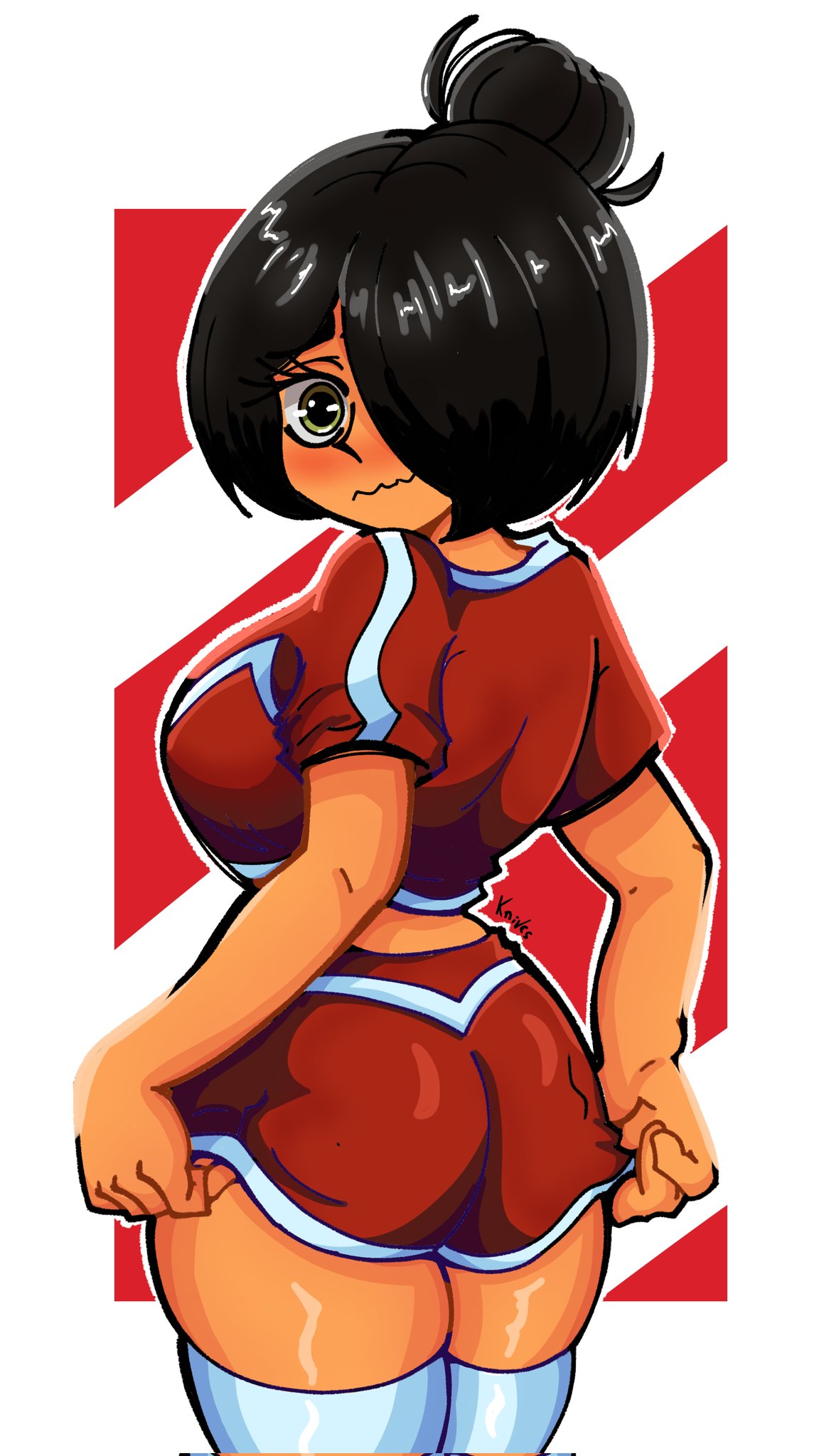 1girls, big ass, big breasts, black hair, blush, breasts, eyelashes, female, green eyes, hair bun, hair over one eye, looking back at viewer, looking over shoulder, maya schoppenboer, mossuto knives, ongezellig, shorts, southeast asian