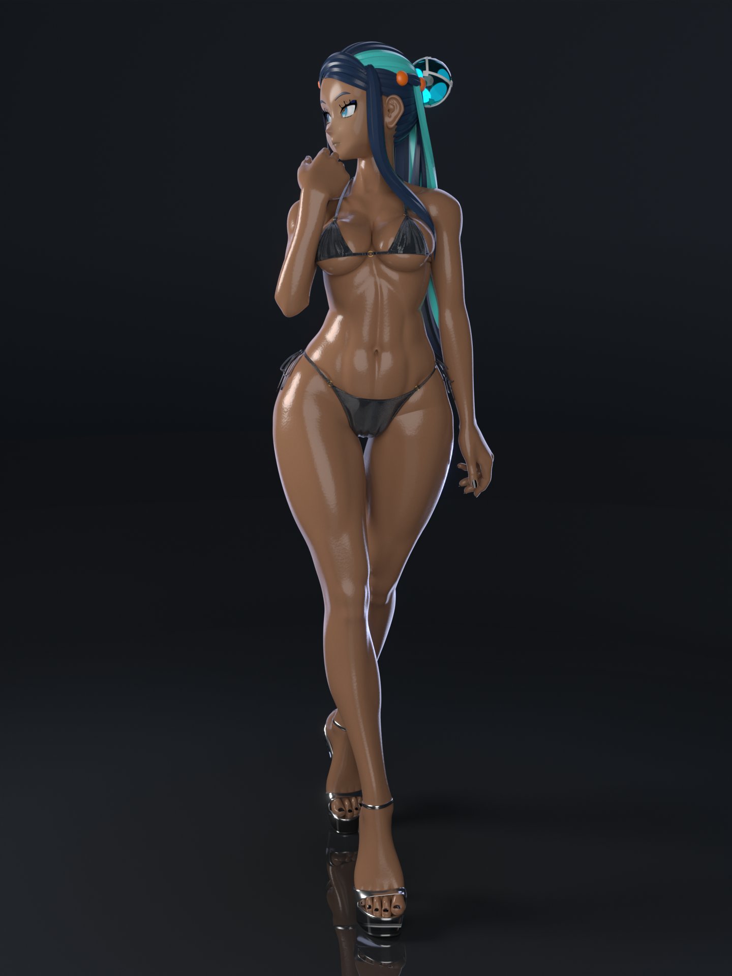 1girls, 3d, 3d model, alternate version at source, alternate version available, athletic, athletic female, bikini, blue eyes, blue hair, breasts, dark skin, dark-skinned female, female, female only, hi res, high heels, high resolution, highres, nessa (pokemon), pokemon, solo, thighs, yaja3d