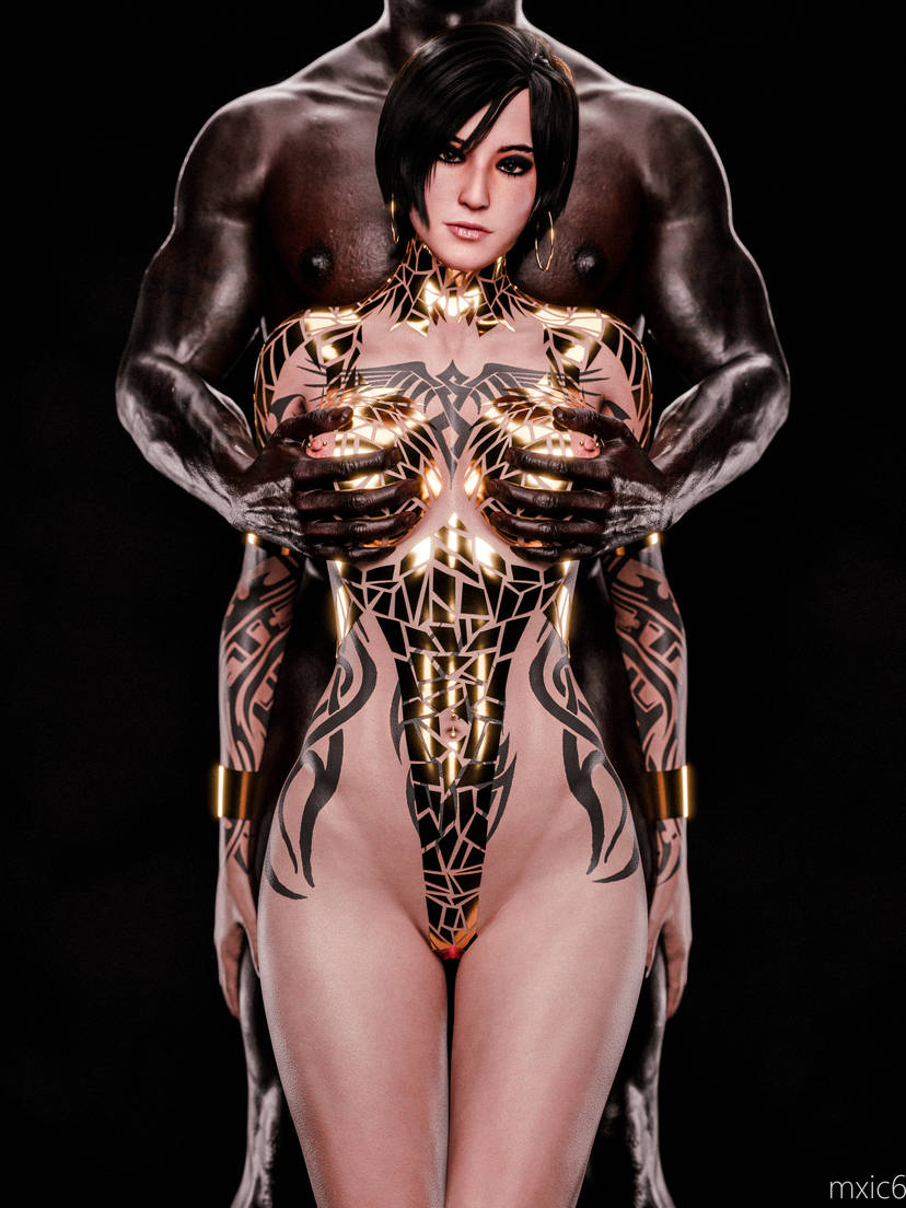1boy, 1girls, 3d, ada wong, black tape project, breast grab, breasts, dark skin, dark-skinned male, female, head out of frame, interracial, male, mxic6, nude, nude female, resident evil, resident evil 6, tattoo