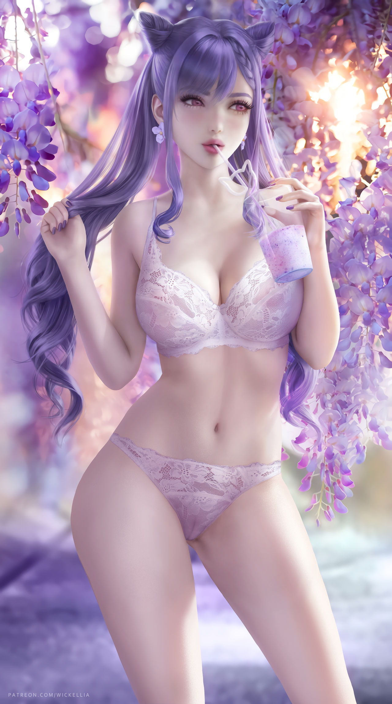 1girls 2021 alternate_version_available big_breasts bra detailed_background drink drinking drinking_straw earrings female female_only genshin_impact highres holding_drink holding_object keqing_(genshin_impact) light-skinned_female light_skin lingerie long_hair outdoors panties purple_eyes purple_hair purple_nails slim solo standing wickellia