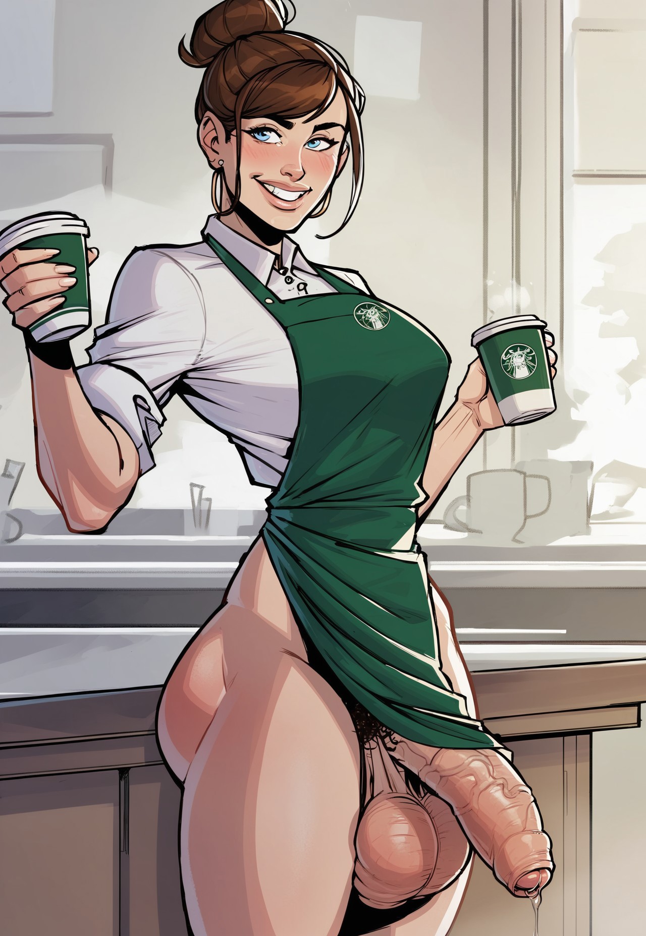1futa, ai generated, apron, ass, balls, barista, big ass, big balls, big penis, blue eyes, bottomless, breasts, brown hair, casual exposure, casual nudity, civitai, coffee, coffee cup, flaccid, foreskin, futa only, futanari, futazealot, hairbun, intersex, light skin, light-skinned futa, penis, precum, precum drip, pubic hair, pubic hair peek, solo, testicles, thick thighs, uncircumcised, uncut, veiny penis