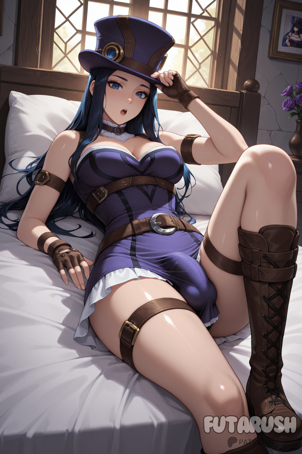ai generated, blue eyes, blue hair, breasts, bulge, bulge through clothing, bulge under clothes, caitlyn kiramman, futanari, futarush, intersex, league of legends, league of legends: wild rift, medium breasts, patreon, patreon username, riot games, sfw, sultryspark