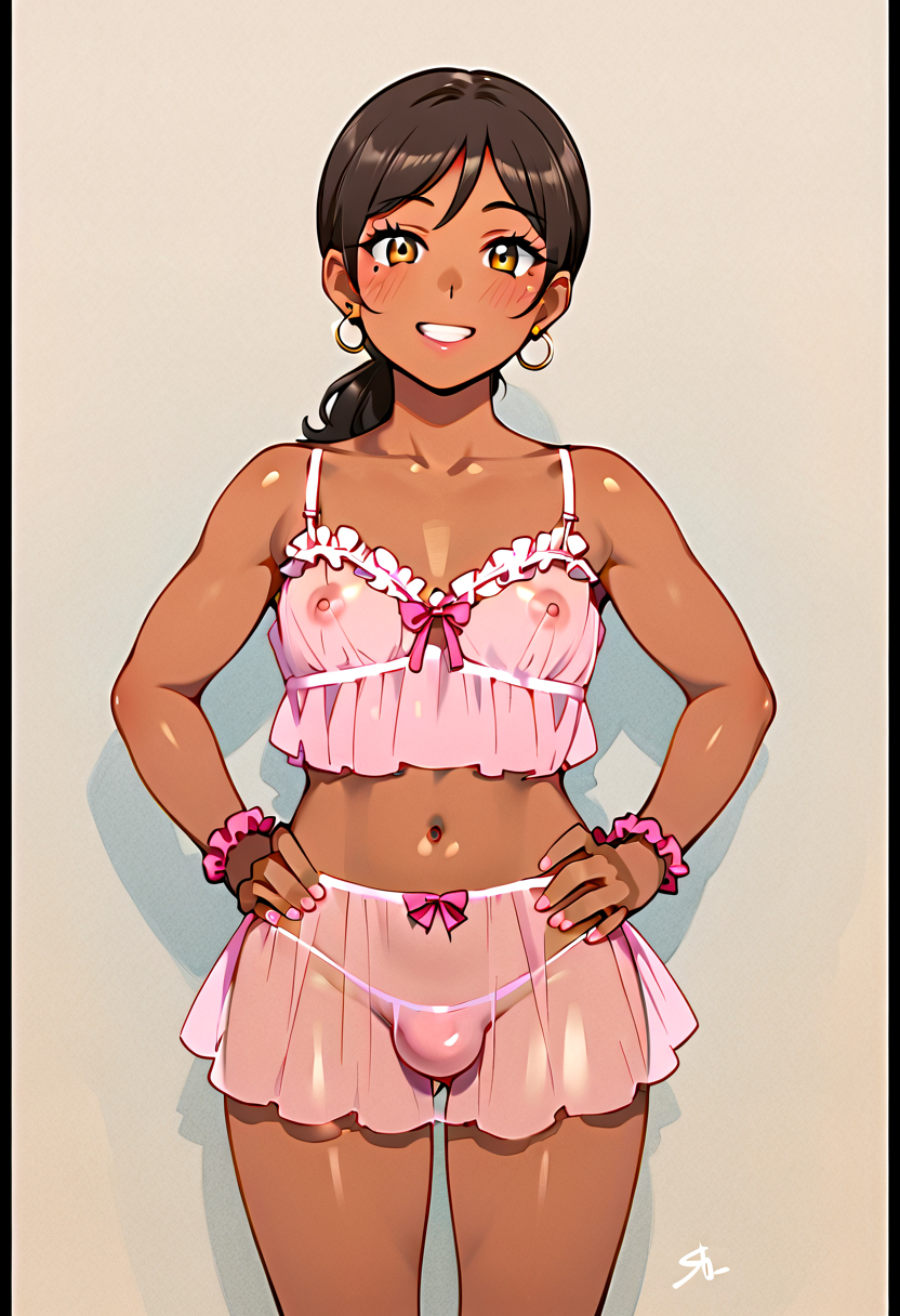 1boy, ai generated, black hair, bralette, breasts, bulge in panties, crossdressing, crossdressing male, dark skin, dark-skinned femboy, dark-skinned male, dark-skinned sissy, dark-skinned twink, femboy, feminization, lingerie, looking at viewer, male, male only, miniskirt, pink panties, real person, see-through, short skirt, sissy, small breasts, smiling, solo, trap