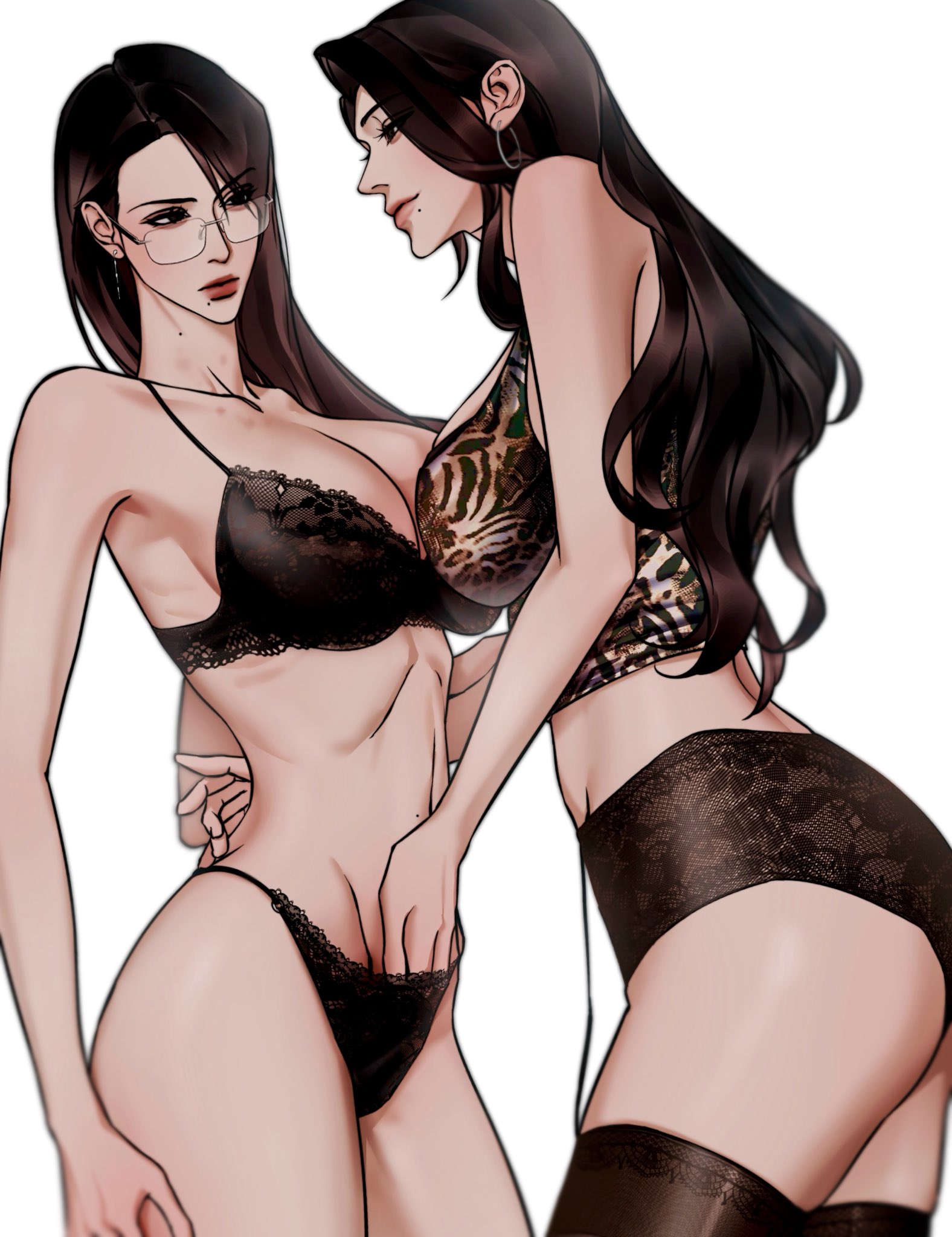 200leg, 2girls, asian, asian female, black hair, female, female only, fingering, fingering partner, fingering pussy, hand in panties, hi res, high quality, high resolution, highres, korean, korean female, lesbian couple, lingerie, lingerie bra, lingerie only, lingerie panties, oc, original character, original characters, pussy, tagme, yuri