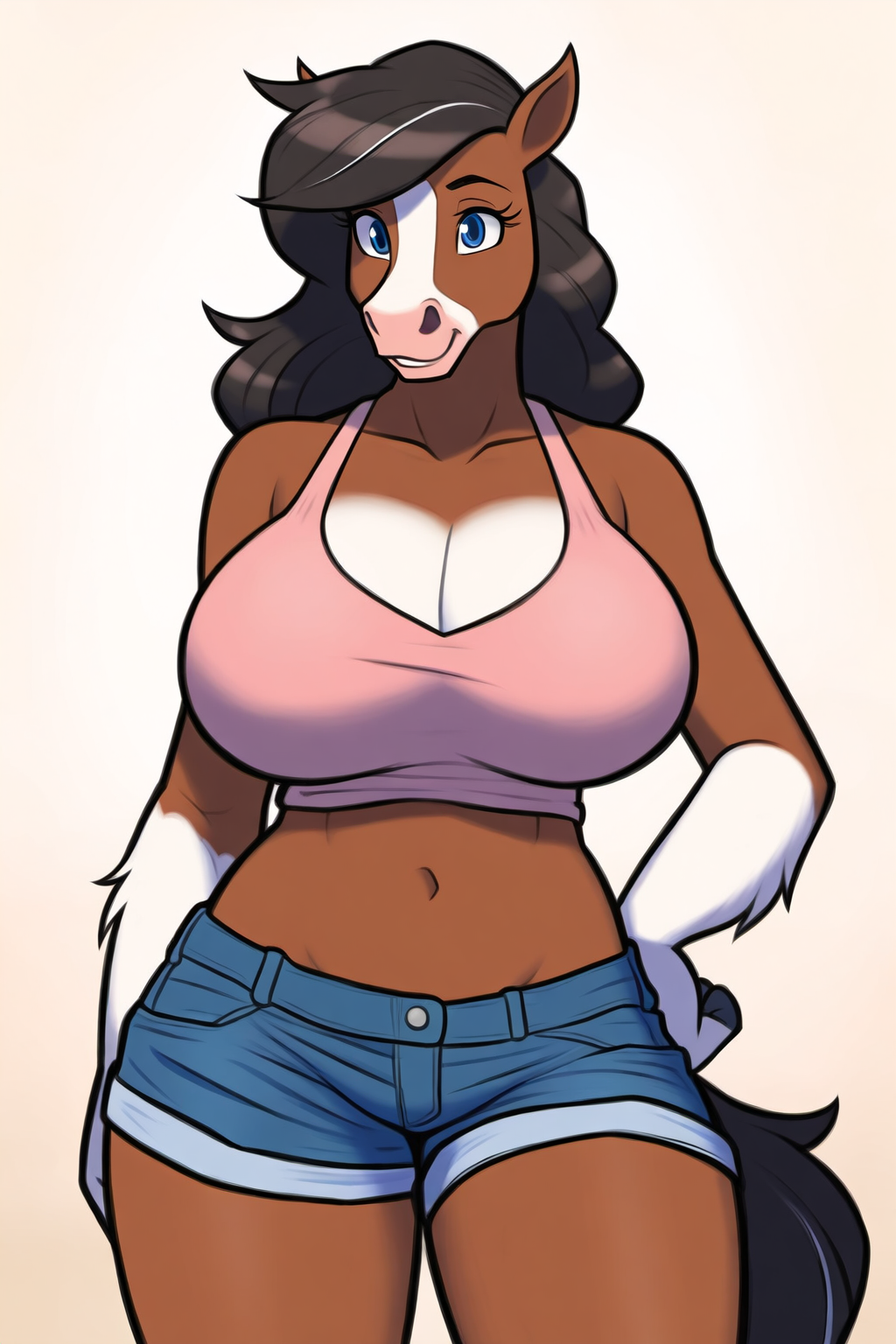 ai_generated anthro belly_button black_hair blue_eyes breasts_bigger_than_head brown_fur brown_hair cleavage clydesdale crop_top denim_shorts draft_horse exposed_shoulders eyebrows eyelashes furry furry_female furry_focus furry_only giant_breasts long_hair majorfluffy mature_female midriff milf pink_nose sfw short_shorts shorts smile thick_thighs two-tone_body two-tone_fur white_fur