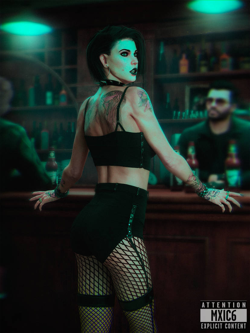 1girls, 3d, back tattoo, black hair, black lipstick, clara lille, crop top, depth of field, female, female focus, fishnet stockings, hand tattoo, indoors, lipstick, mxic6, short shorts, shoulder tattoo, solo focus, tattoo, tattoos, watch dogs