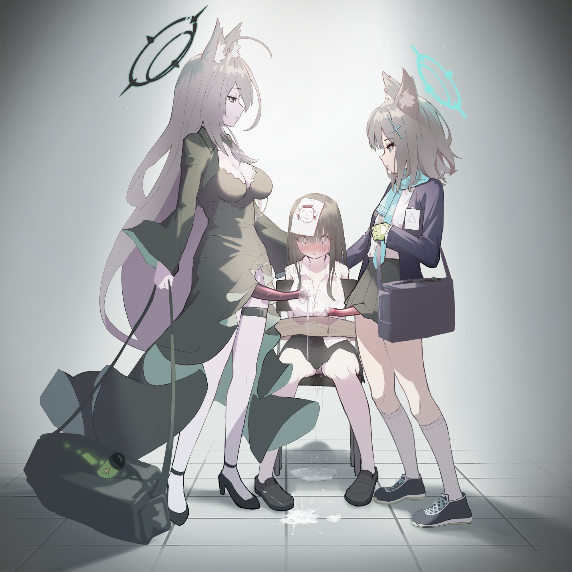 3girls, animal ear fluff, animal ears, animal penis, bag, black dress, black hair, black shoes, black skirt, blazer, blue archive, blue eyes, blue halo, blue scarf, blush, breasts, cat girl, catgirl, collared shirt, cross hair ornament, doodle sensei (blue archive), dress, duplicate, erection, female, female sensei (blue archive), futa with female, futanari, gloves, green gloves, grey hair, hair ornament, halo, high heels, highres, intersex, jacket, kneehighs, large breasts, long hair, long sleeves, medium hair, multiple females, multiple girls, on chair, paper on head, penis, pussy, pussy juice, pussy juice drip through clothes, pussy juice puddle, salenpath, scarf, school bag, sensei (blue archive), shiroko (blue archive), shiroko (terror) (blue archive), shiroko terror (blue archive), shirt, shoes, sitting, skirt, socks, standing, thigh strap, uncensored, unusual anatomy, unusual genitalia, unusual penis, very long hair, white shirt, white socks, wolf ears