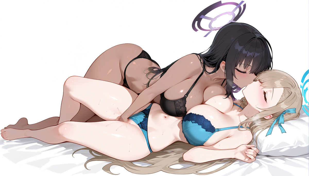 2girls, ai generated, asuna (blue archive), bed, black bra, black hair, black panties, black skin, blonde hair, blue archive, blue bra, blue panties, female, fingering partner, fingering through panties, halo, karin (blue archive), kissing, romantic, white background, yuri
