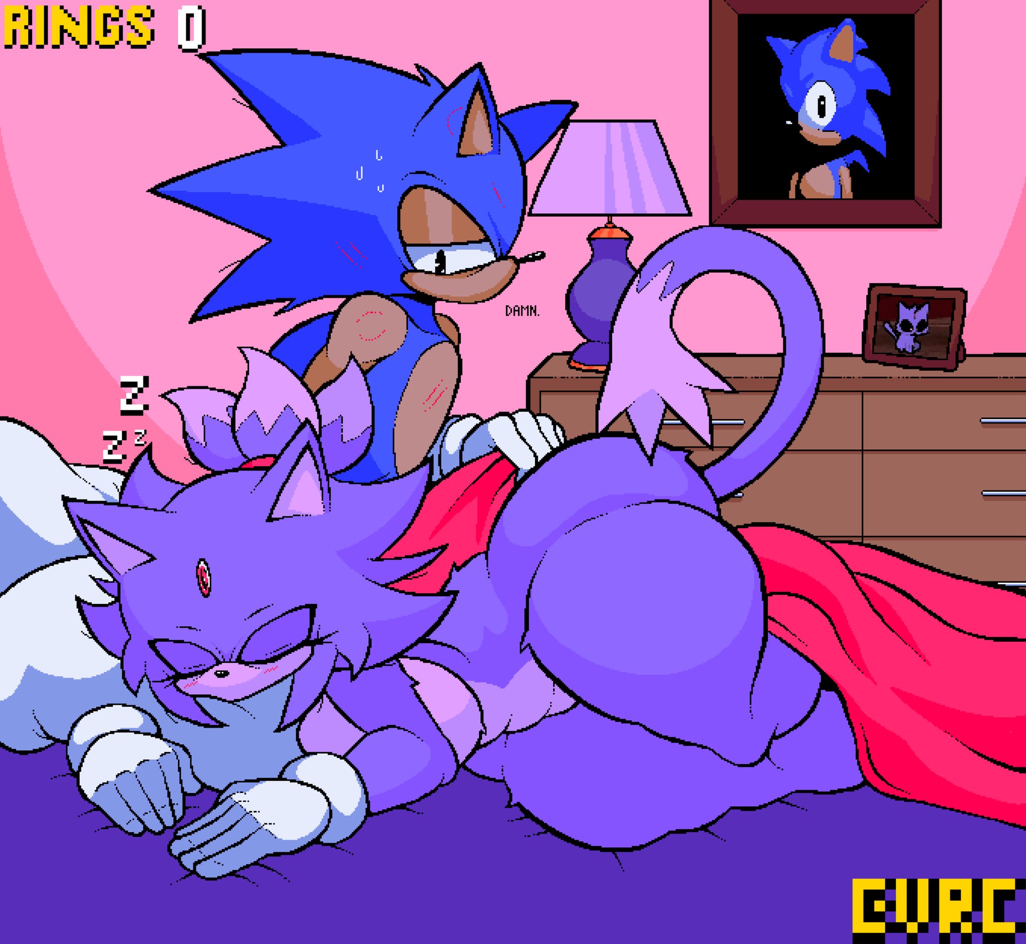 1boy, 1girls, 5 fingers, ass, ass up, big breasts, bite mark, blaze the cat, blaze the cat (om), blue body, blue fur, brown body, brown fur, cat, cat girl, classic sonic, countershade torso, countershading, duo, eulipotyphlan, evrc, eyelashes, eyes closed, fair skin, fair-skinned male, feline, female, gem, gem on forehead, gloves, half-closed eyes, head tuft, hedgehog, hedgehog boy, laying on bed, laying on stomach, male, meme reference, mobian, naked, naked female, nude, nude female, outcome memories, purple body, purple fur, roblox, roblox game, scratch marks, sega, sleeping, sonic (series), sonic the hedgehog, sonic the hedgehog (series), squint, sweatdrop, tagme, tail, text, thick thighs, thighs, white body, white fur, zzz