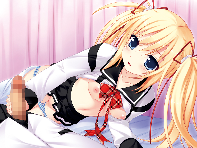 blonde_hair blue_eyes blush breasts censored game_cg handjob mecha_con! nipples panties penis ribbon ribbons sailor_shirt skirt tied_hair twintails underwear