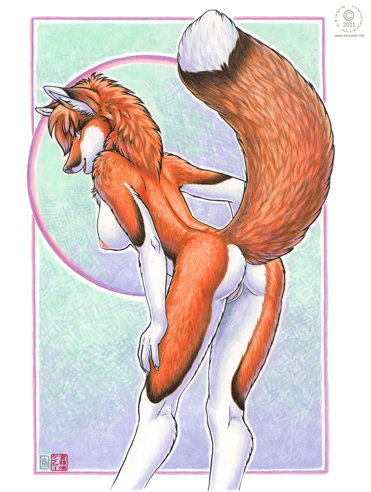 2011 anthro ass black_fur black_nose breasts canine cherry claws female female_only fox fur furry_ass furry_breasts furry_ears furry_tail hair hand_on_leg kacey looking_at_viewer looking_back mammal nipples nude open_mouth orange_fur orange_hair pink_eyes pink_nipples pointy_ears pussy raised_tail smile solo standing tail white_fur