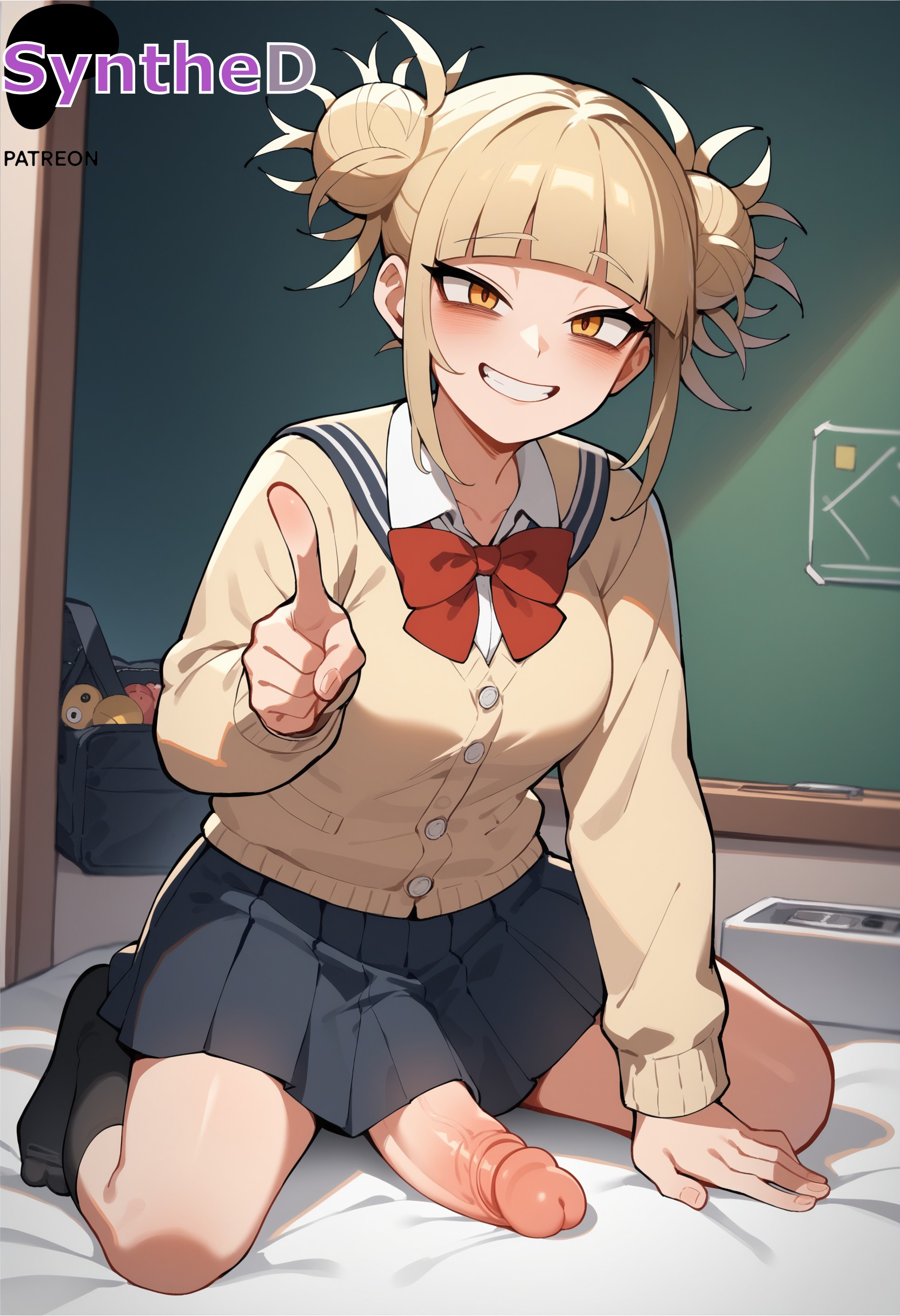 1futa, ai generated, artist name, artist signature, black socks, blonde hair, blunt bangs, blush, boku no hero academia, bow, bowtie, breasts, double bun, erection, futa only, futanari, grin, hair bun, hi res, high resolution, highres, himiko toga, index finger raised, indoors, intersex, light skin, light-skinned futa, looking at viewer, my hero academia, patreon, penis, pointing, pointing at viewer, red bow, school uniform, shirt, sitting, skirt, smile, socks, solo, synthed, teeth, toga himiko, uncensored, veiny penis, yellow eyes