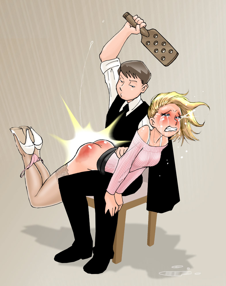 1boy, 1girls, angie (kamitora), bent over, blonde hair, blue eyes, brown hair, crying, female, femsub, high heels, kamitora, male, maledom, paddle, panties, red ass, spanking, submissive, tears, thighhighs
